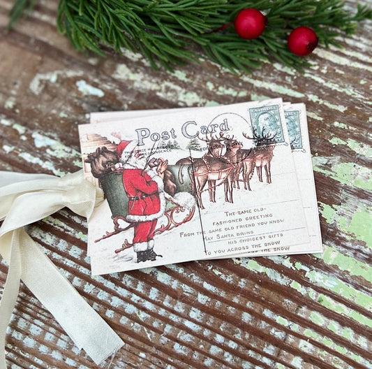 Christmas Gift Tags Vintage SANTA with Reindeer Sled Post Card Farmhouse Decor Card French Shabby Gift Wrap Christmas Tree Ornament