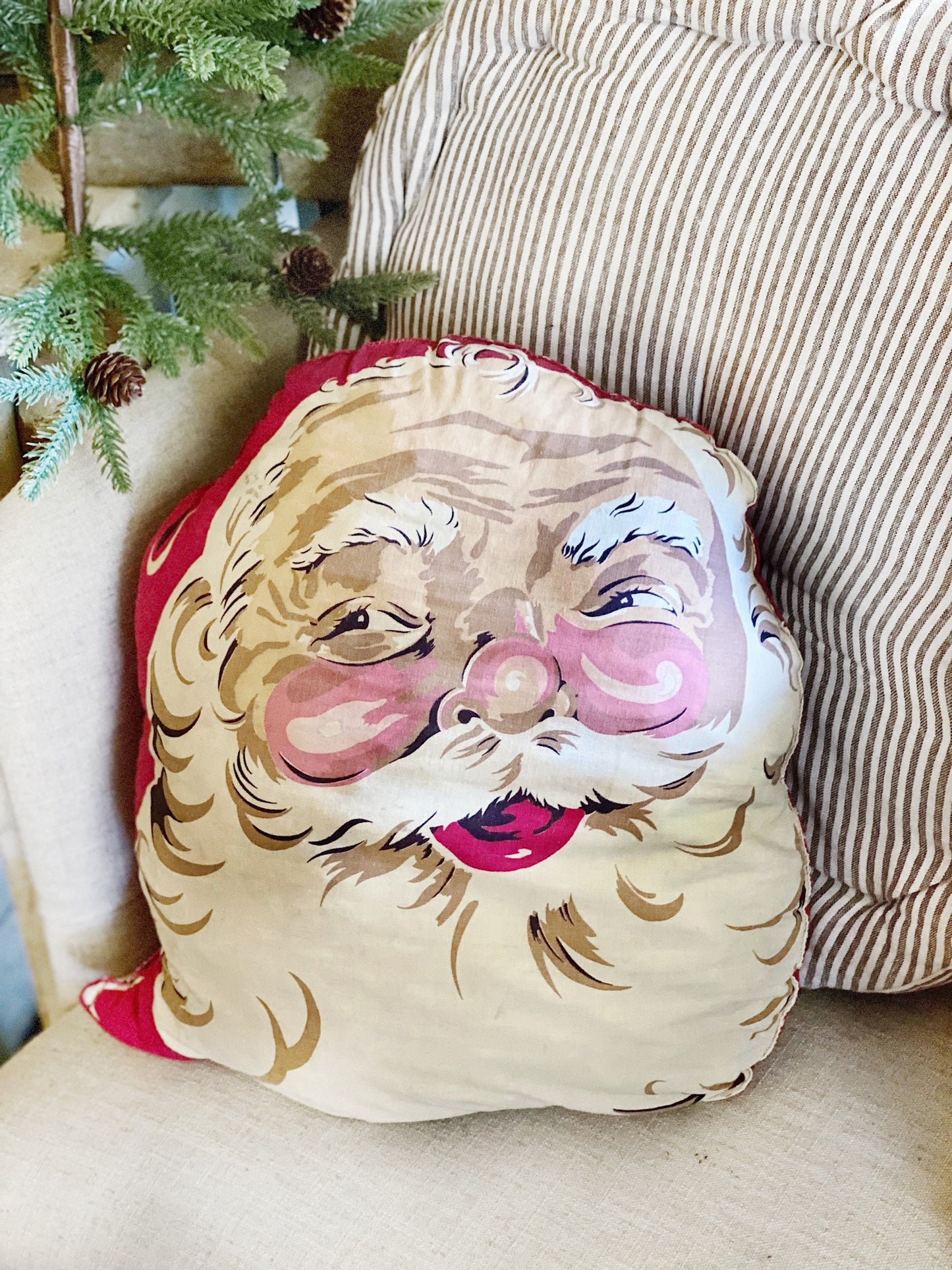 Vintage SANTA CLAUS PILLOW Farmhouse Retro Christmas Decor Merry Christmas Santa Face Large Oversized