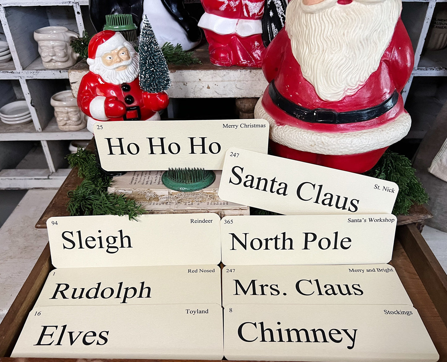 Christmas SANTA Flash Cards LARGE Vintage Inspired Flashcard Set Of 8 Farmhouse Decor Holiday Primitive Retro Christmas