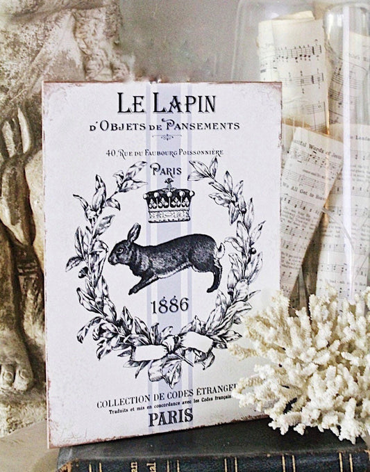 Vintage Rabbit Wood Sign Farmhouse Decor Grainsack French Le Lapin Book Page Wall Art Print Fixer Upper Farmhouse Easter Decor