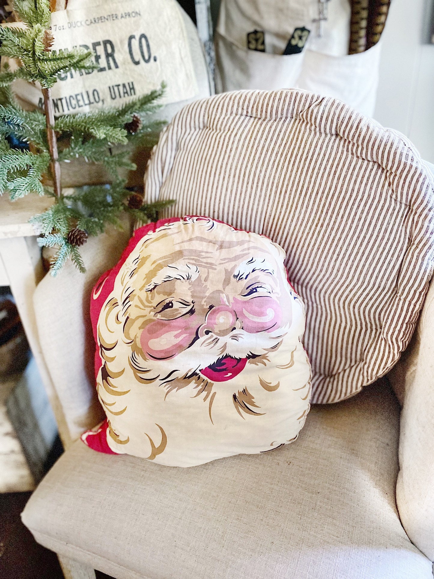 Vintage SANTA CLAUS PILLOW Farmhouse Retro Christmas Decor Merry Christmas Santa Face Large Oversized