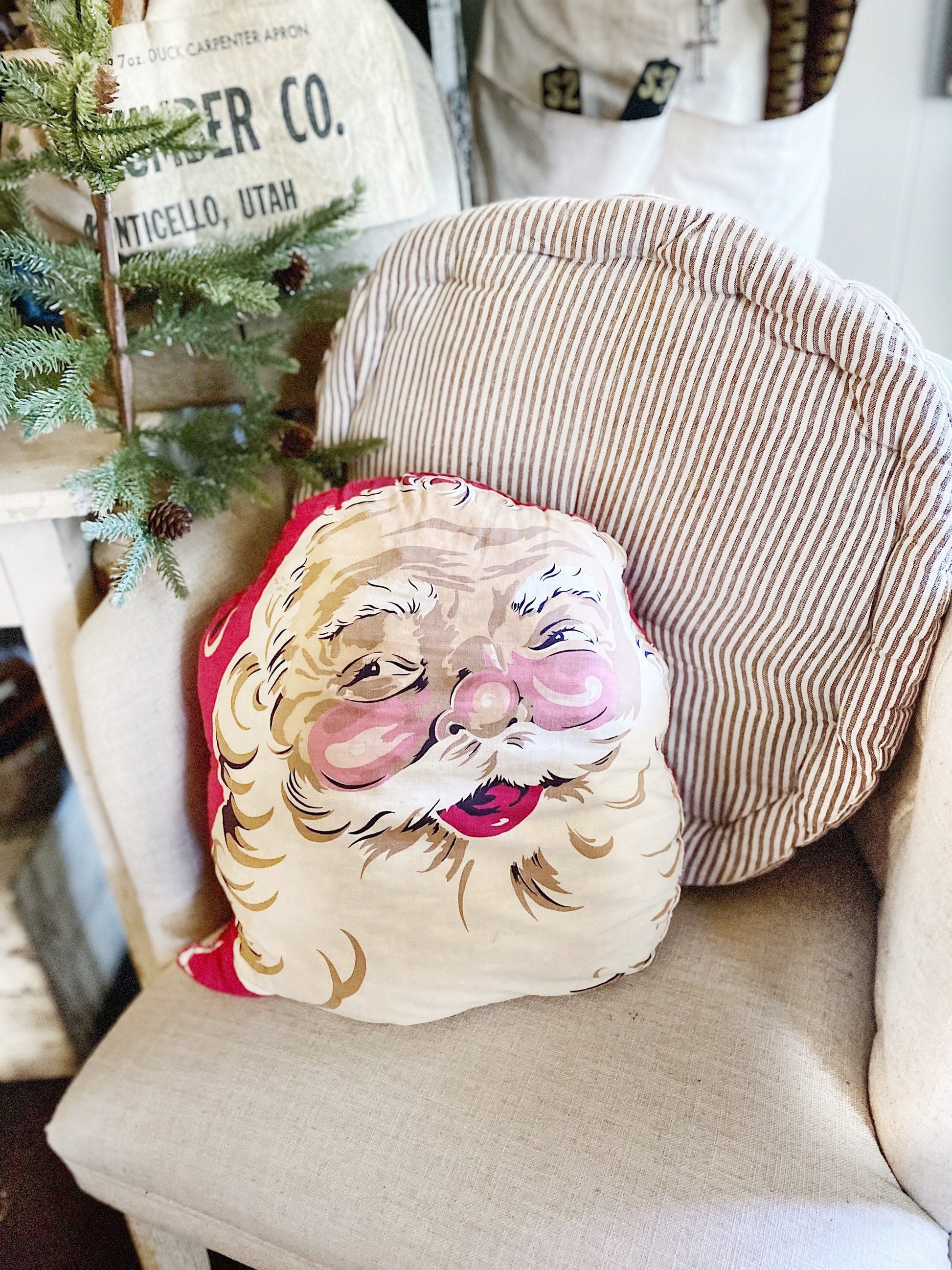Vintage SANTA CLAUS PILLOW Farmhouse Retro Christmas Decor Merry Christmas Santa Face Large Oversized