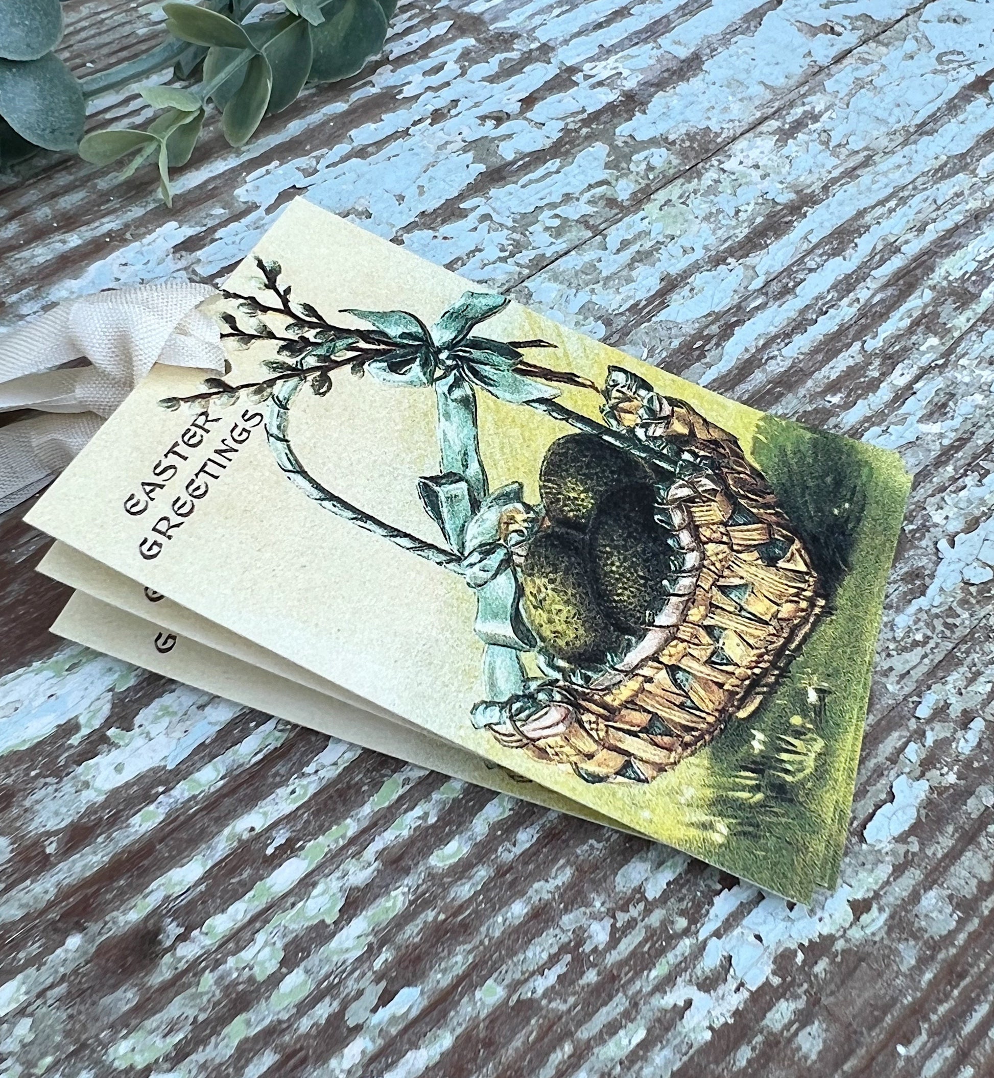 EASTER GREETINGS Vintage Gift Tags Basket Eggs French Farmhouse Decor Card Shabby Set Of 8