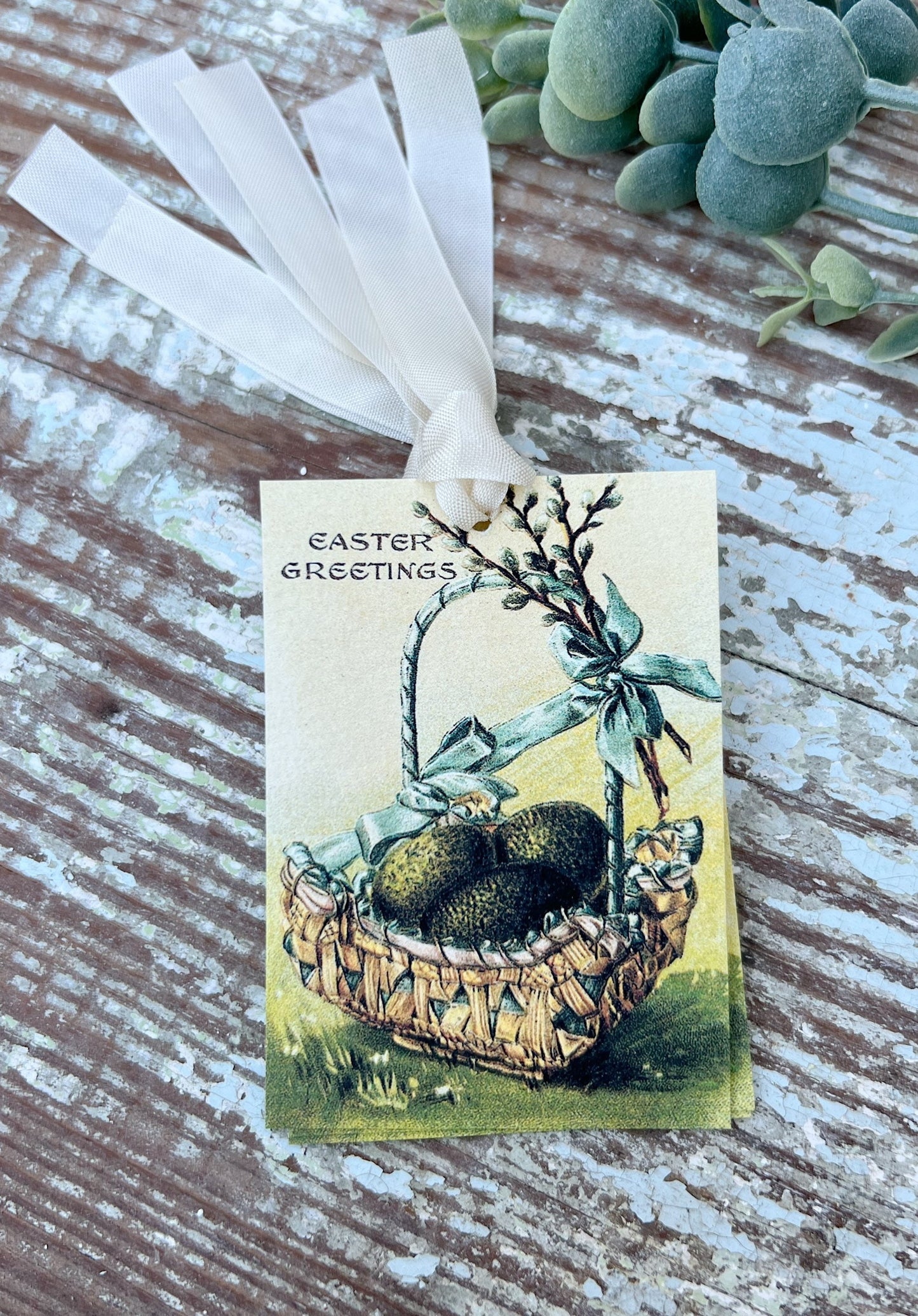 EASTER GREETINGS Vintage Gift Tags Basket Eggs French Farmhouse Decor Card Shabby Set Of 8