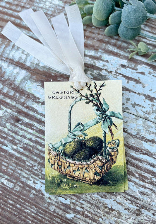 EASTER GREETINGS Vintage Gift Tags Basket Eggs French Farmhouse Decor Card Shabby Set Of 8