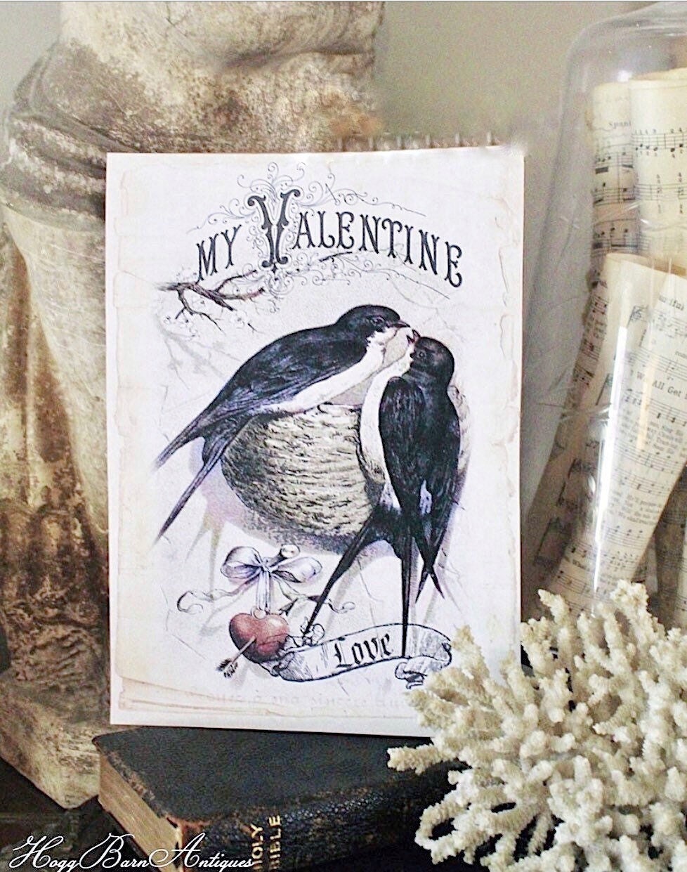 VALENTINE Vintage Wood Sign Farmhouse Decor Love Birds Book Page Wall Art Print Farmhouse Decor
