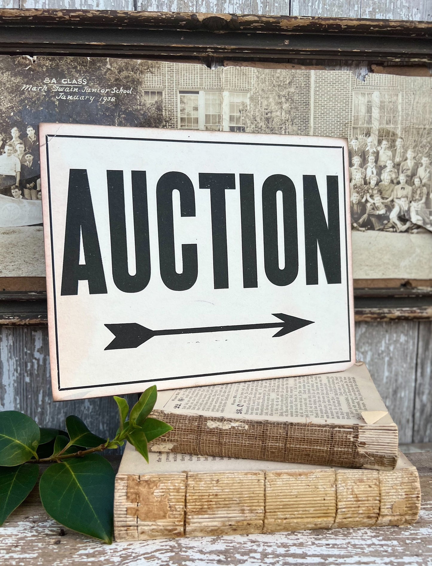 AUCTION Wood Sign Vintage Antique Farmhouse Decor Wall Art Print Decor Black Aged Cream Sign Arrow