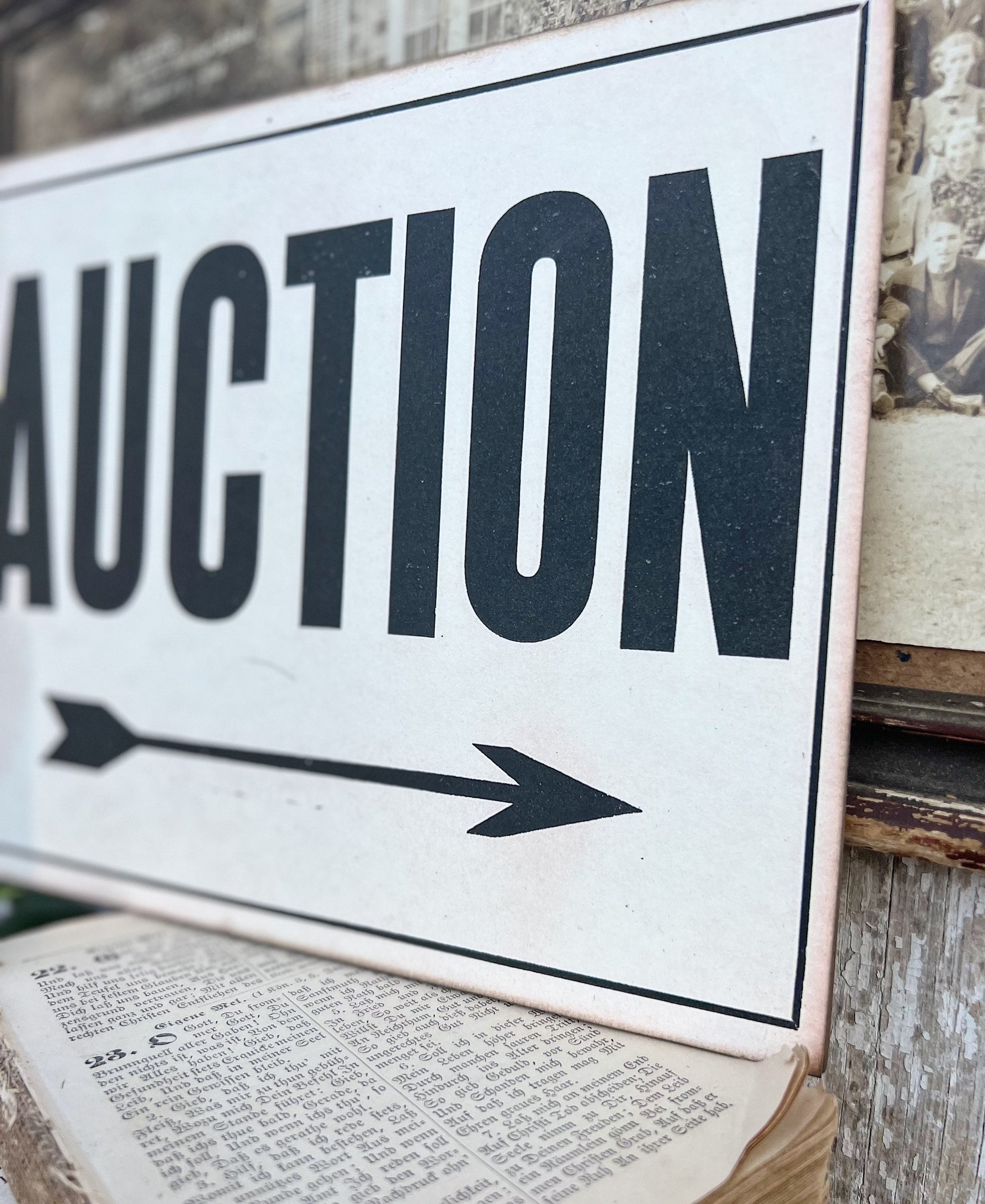 AUCTION Wood Sign Vintage Antique Farmhouse Decor Wall Art Print Decor Black Aged Cream Sign Arrow