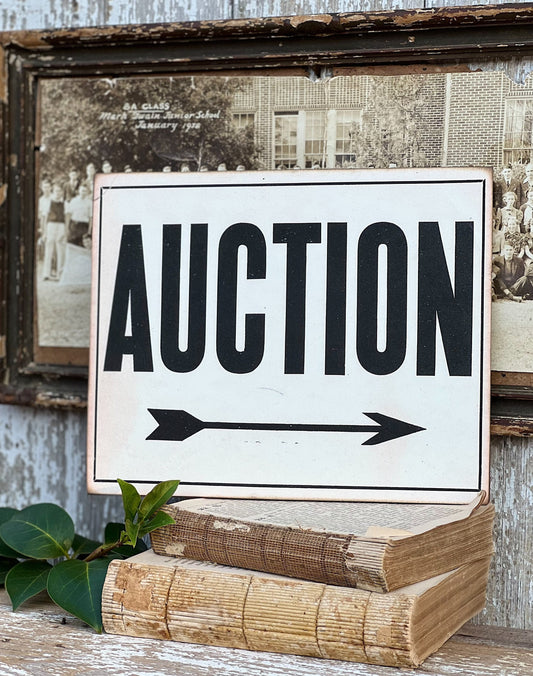 AUCTION Wood Sign Vintage Antique Farmhouse Decor Wall Art Print Decor Black Aged Cream Sign Arrow