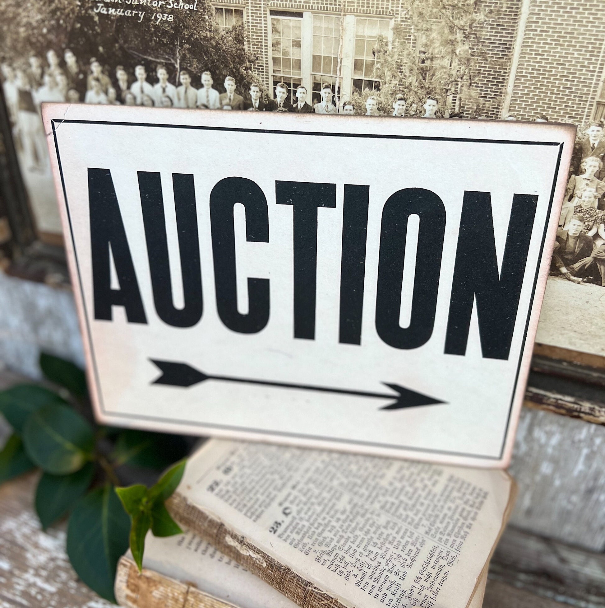 AUCTION Wood Sign Vintage Antique Farmhouse Decor Wall Art Print Decor Black Aged Cream Sign Arrow