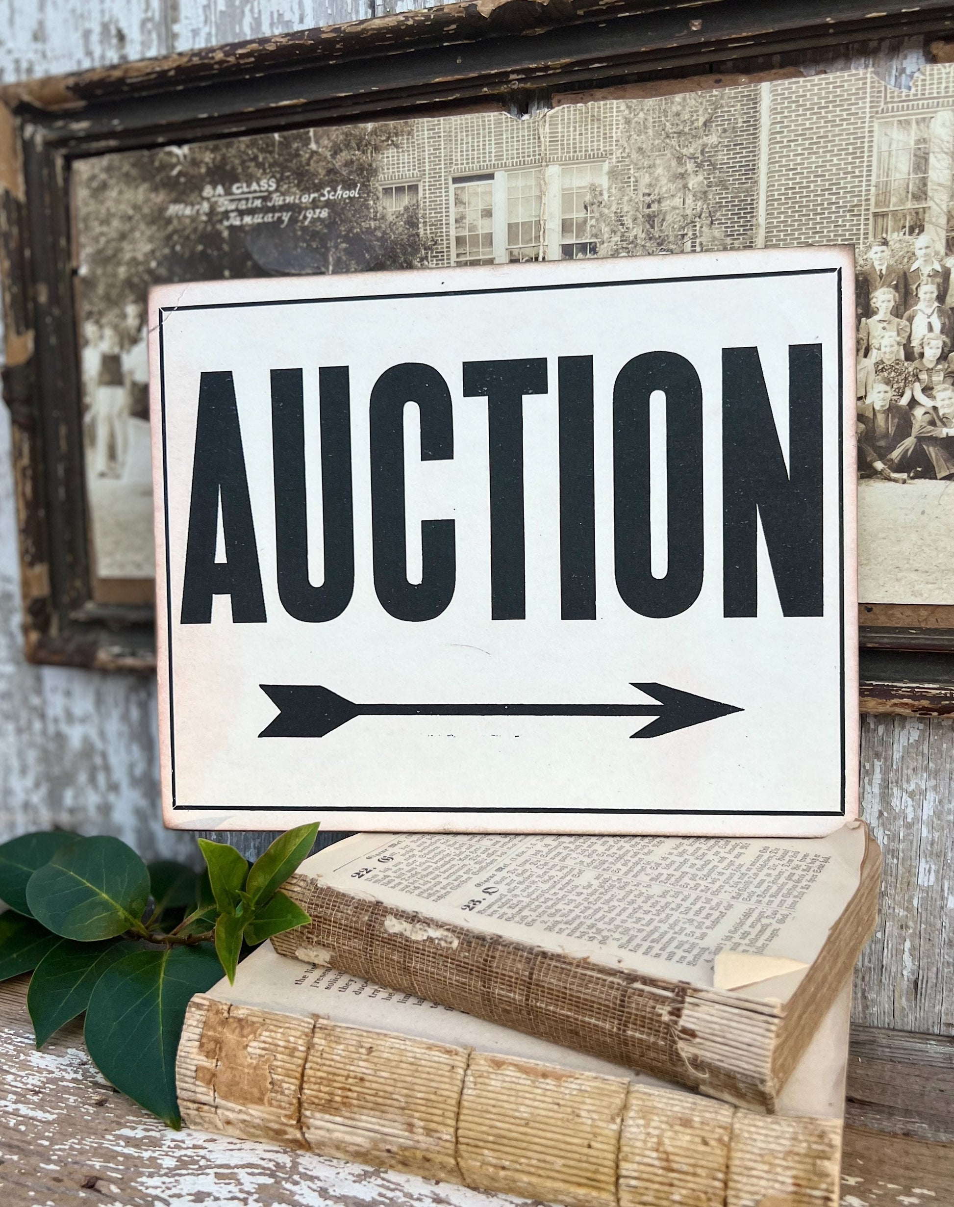 AUCTION Wood Sign Vintage Antique Farmhouse Decor Wall Art Print Decor Black Aged Cream Sign Arrow