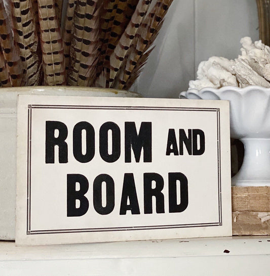 ROOM AND BOARD Wood Sign Vintage Farmhouse Decor Wall Art Print Fixer Upper Flea Market Decor Black Aged Cream Rent Sign