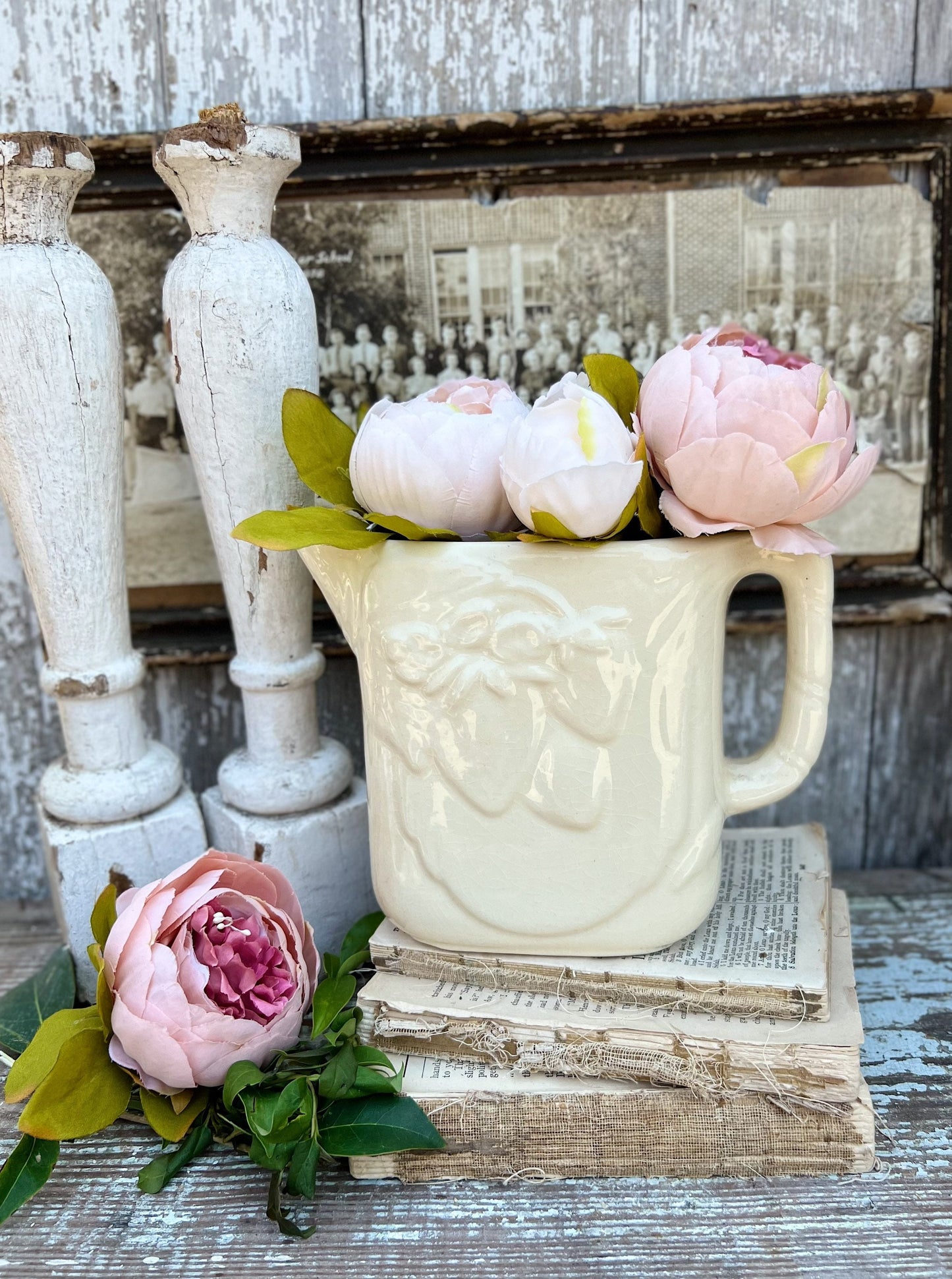 Antique Creamy White Ironstone Pitcher STRAWBERRY Farmhouse Decor