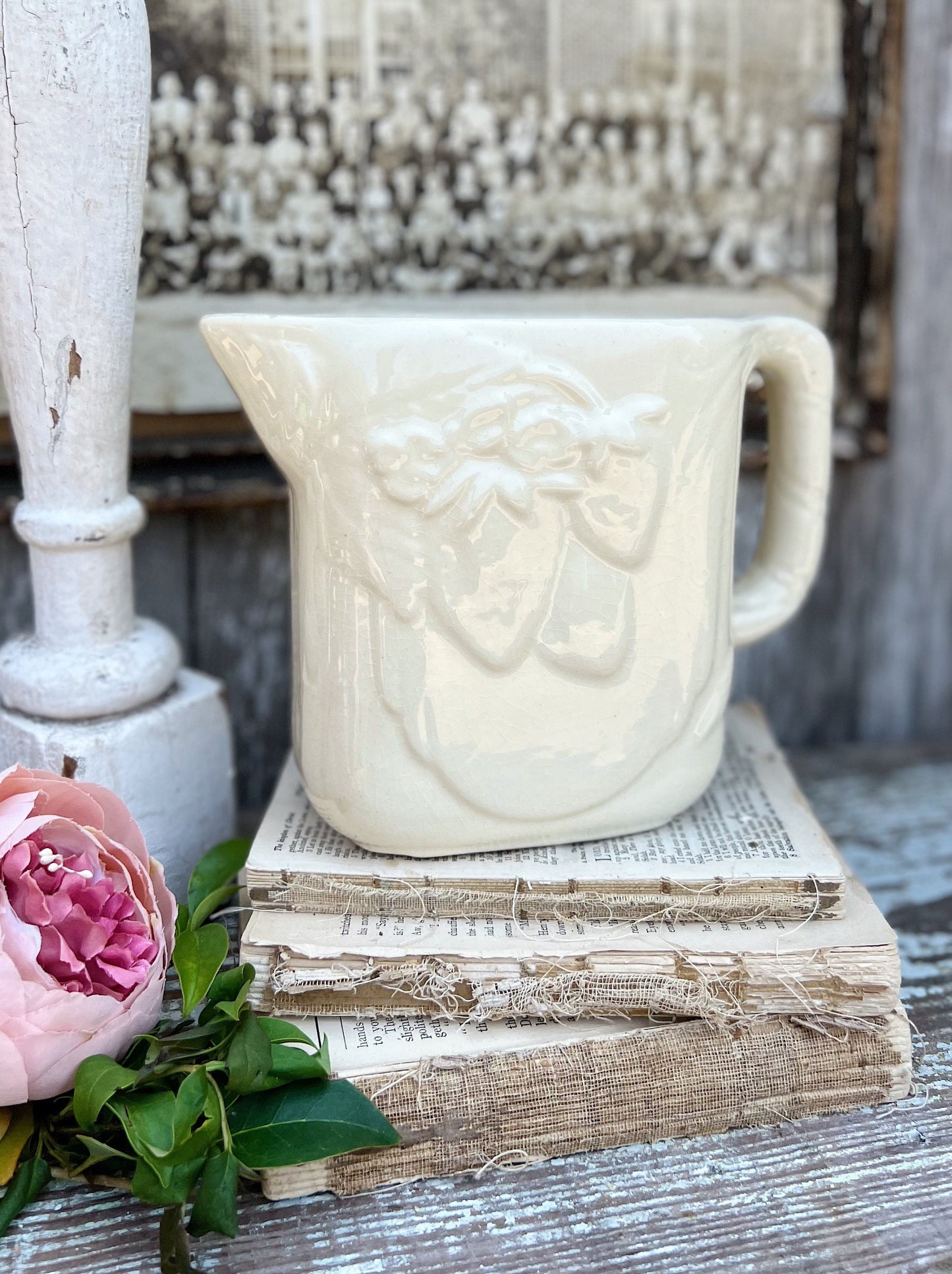 Antique Creamy White Ironstone Pitcher STRAWBERRY Farmhouse Decor