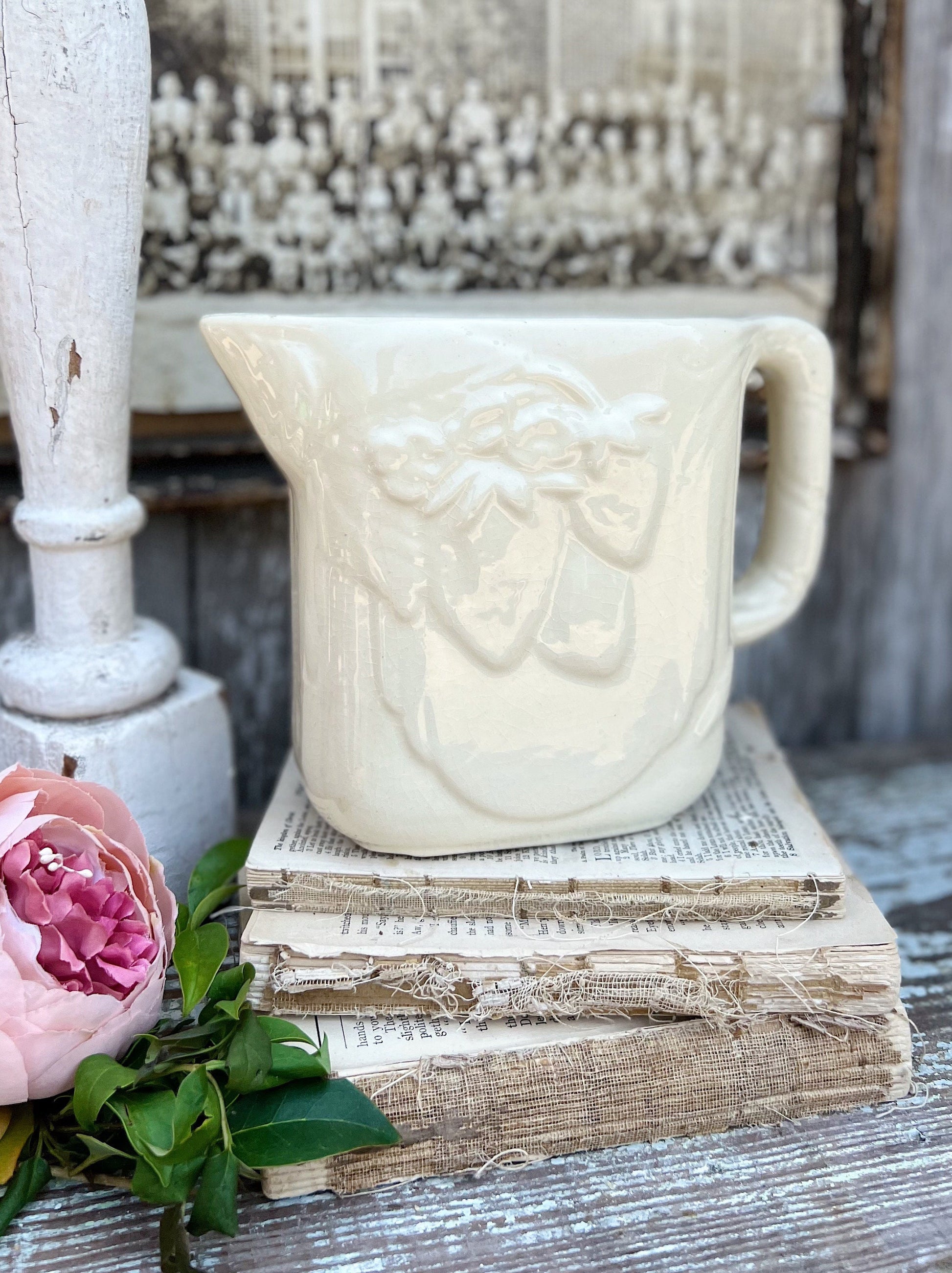 Antique Creamy White Ironstone Pitcher STRAWBERRY Farmhouse Decor