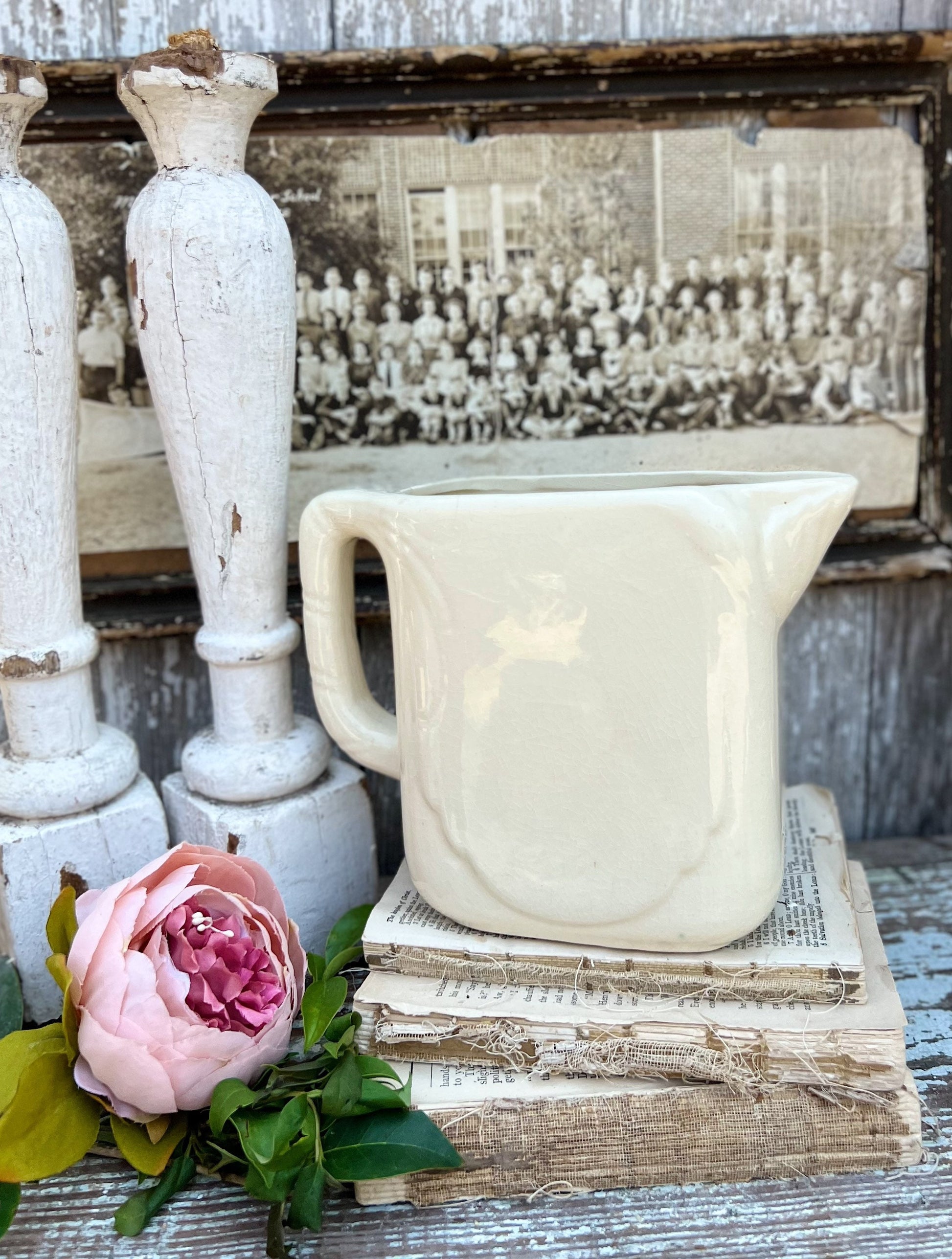 Antique Creamy White Ironstone Pitcher STRAWBERRY Farmhouse Decor