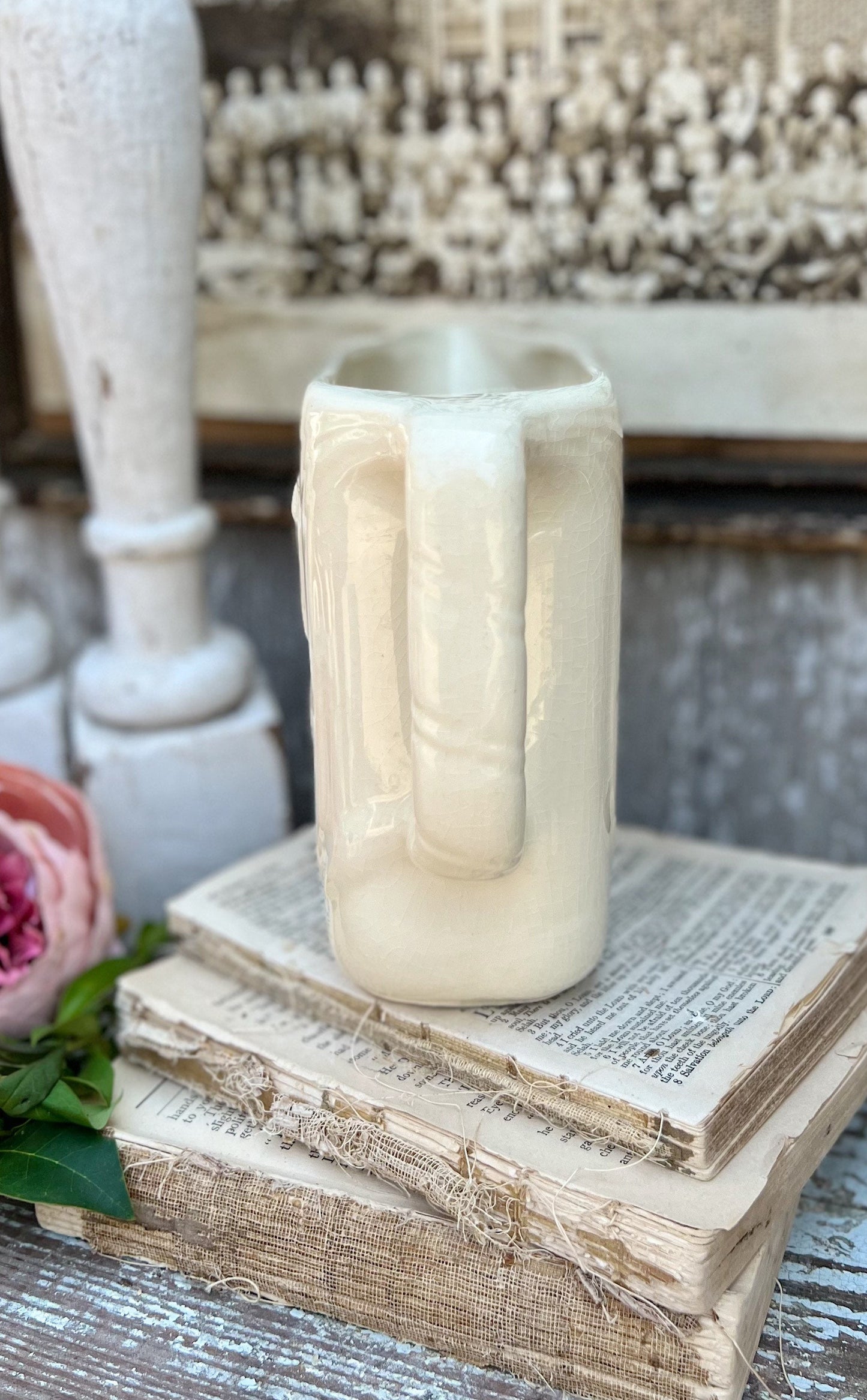 Antique Creamy White Ironstone Pitcher STRAWBERRY Farmhouse Decor