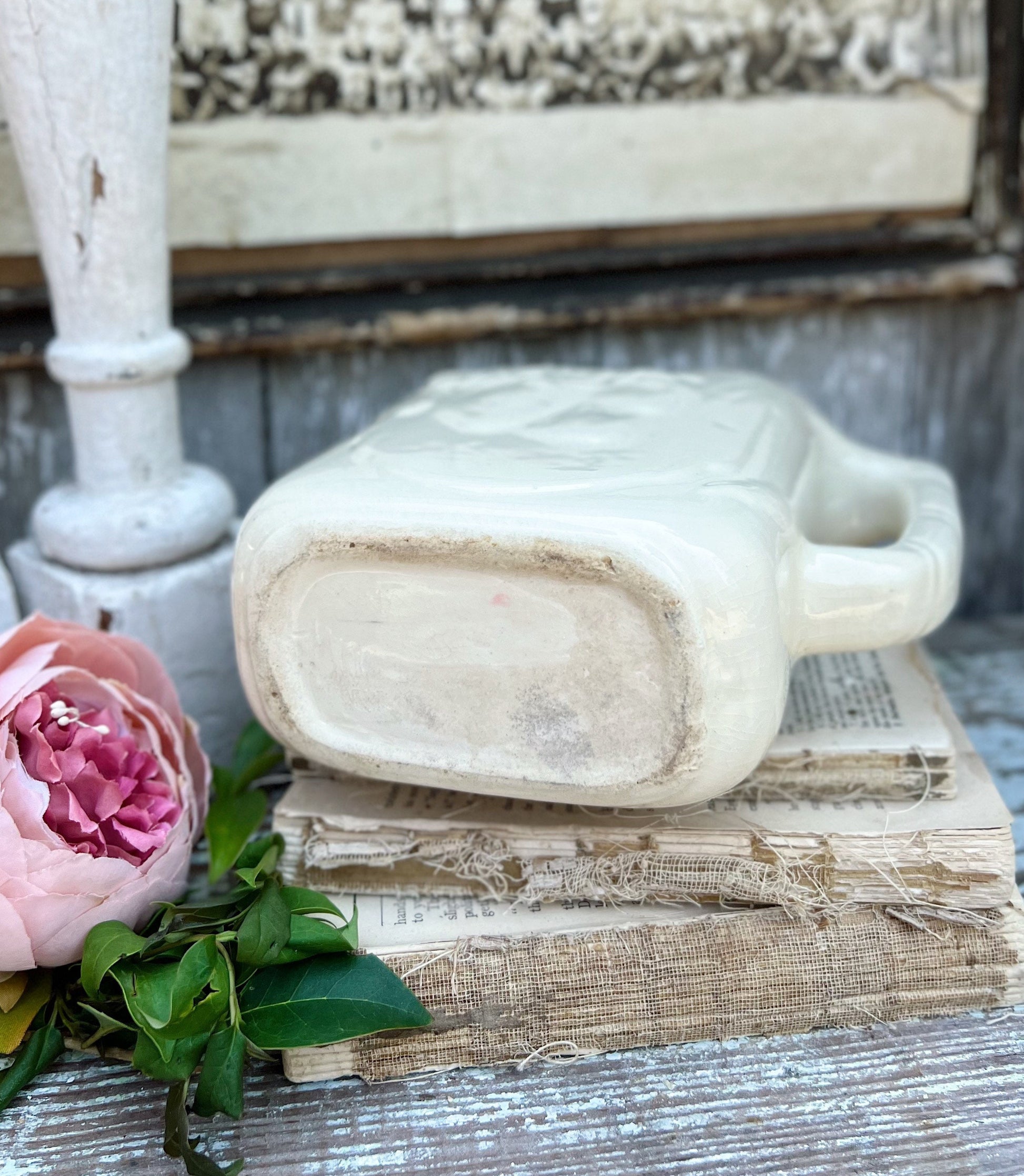 Antique Creamy White Ironstone Pitcher STRAWBERRY Farmhouse Decor