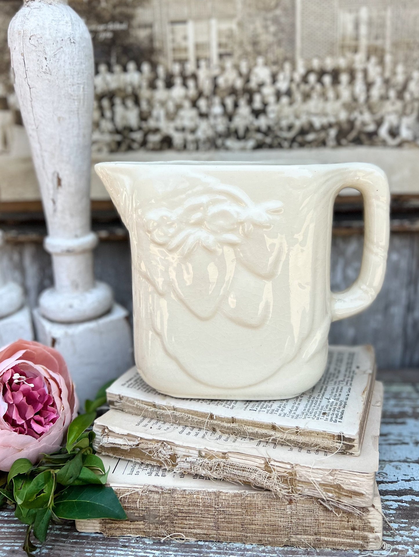 Antique Creamy White Ironstone Pitcher STRAWBERRY Farmhouse Decor