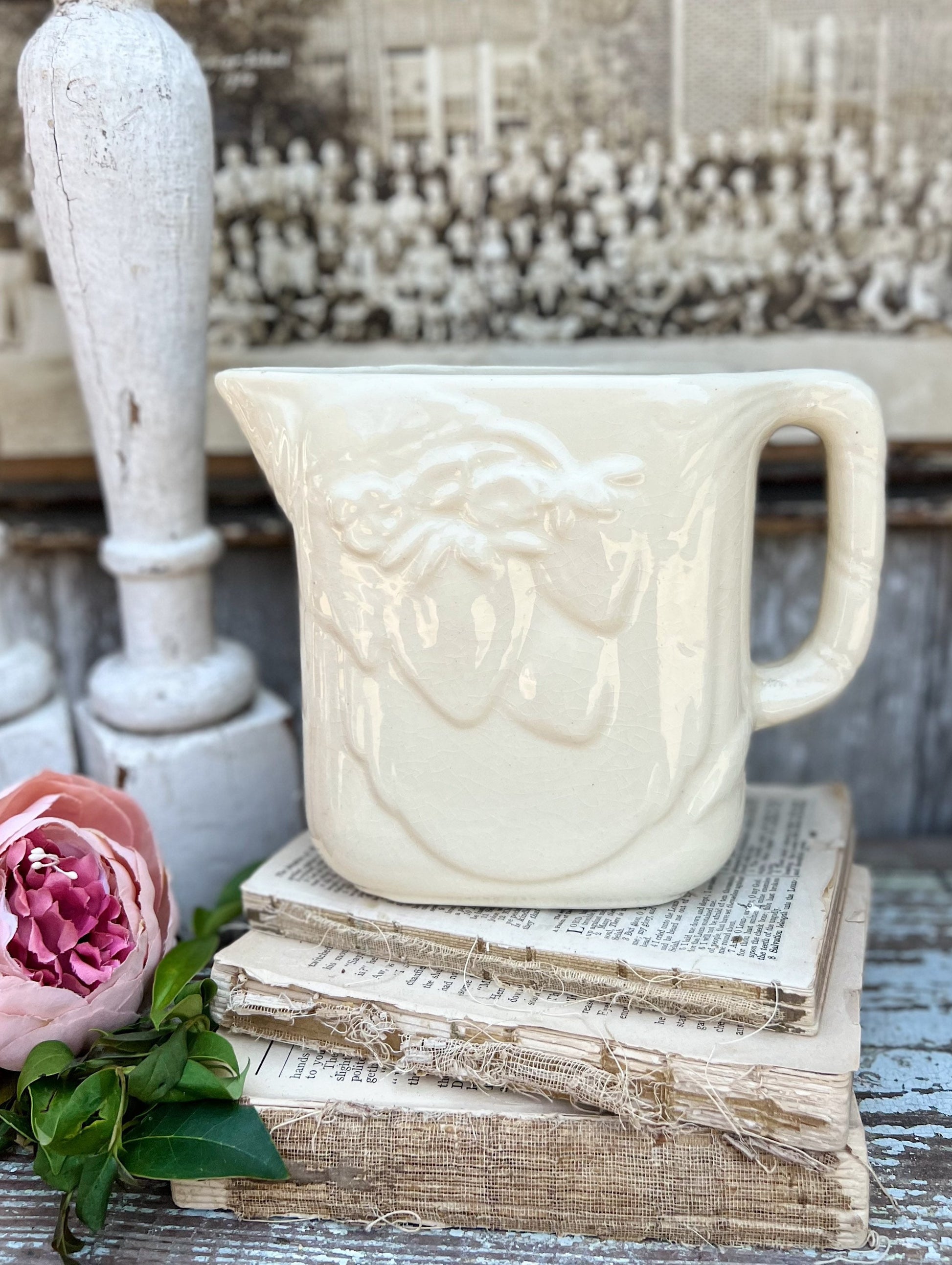 Antique Creamy White Ironstone Pitcher STRAWBERRY Farmhouse Decor