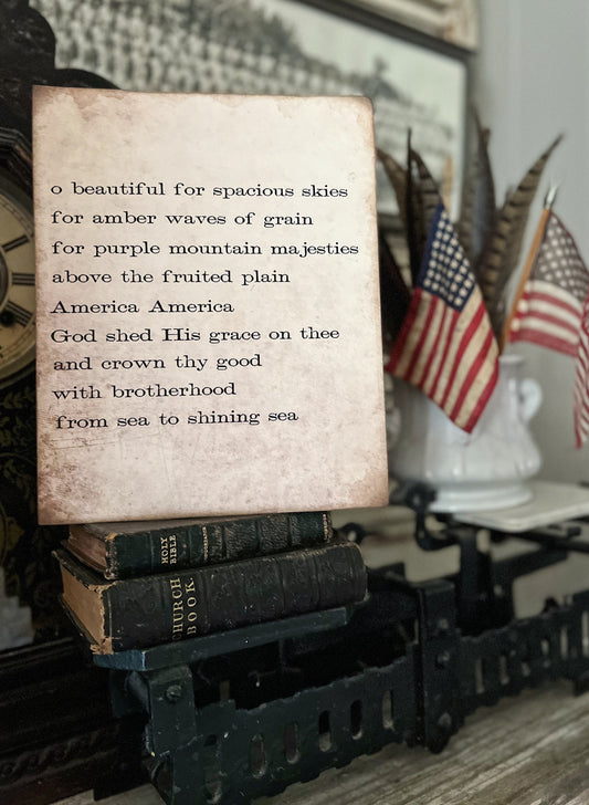 AMERICA The BEAUTIFUL Sign Americana Patriotic Decor Mounted Farmhouse Book Page Primitive Wood Sign USA Fourth July