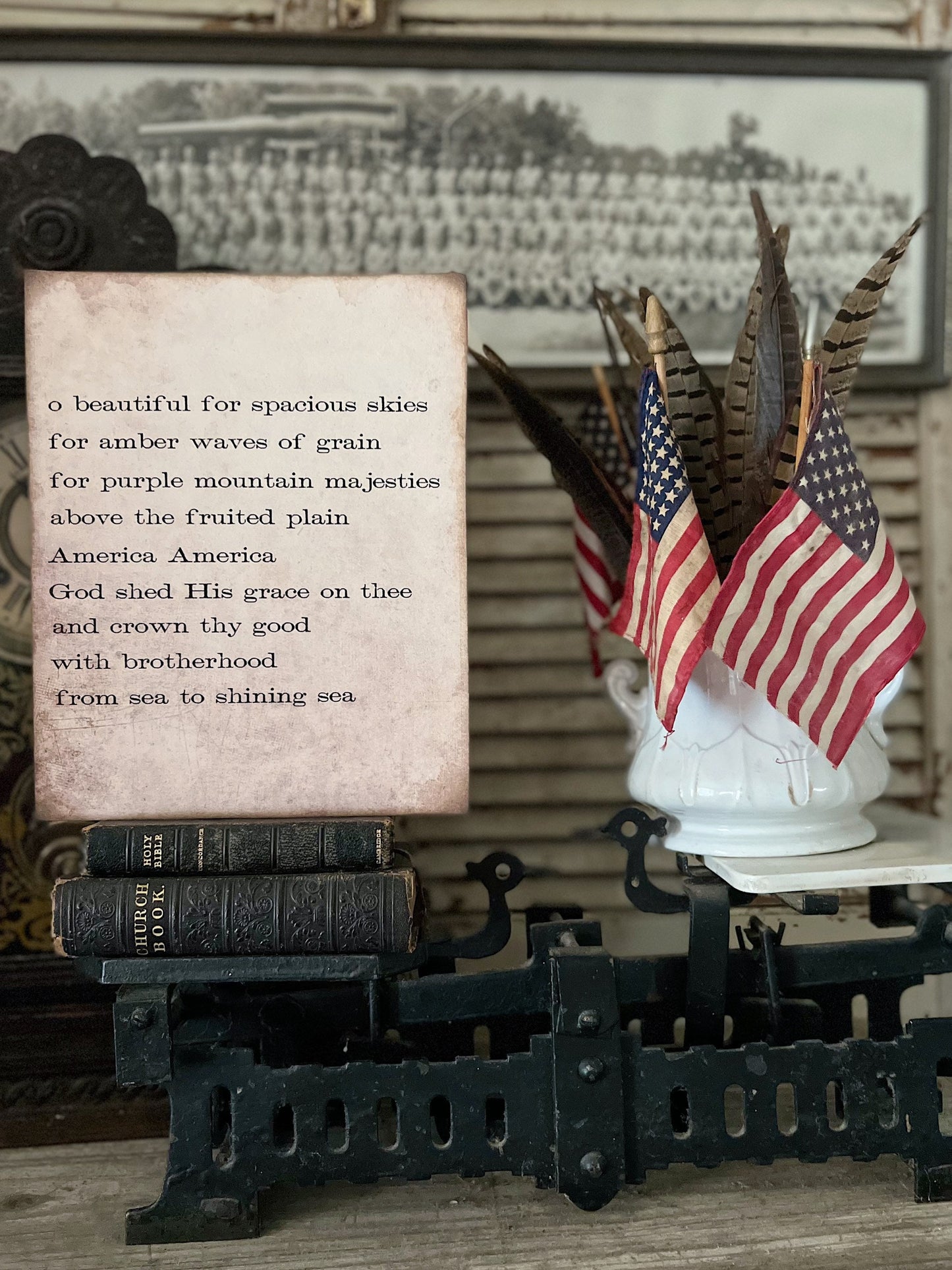AMERICA The BEAUTIFUL Sign Americana Patriotic Decor Mounted Farmhouse Book Page Primitive Wood Sign USA Fourth July