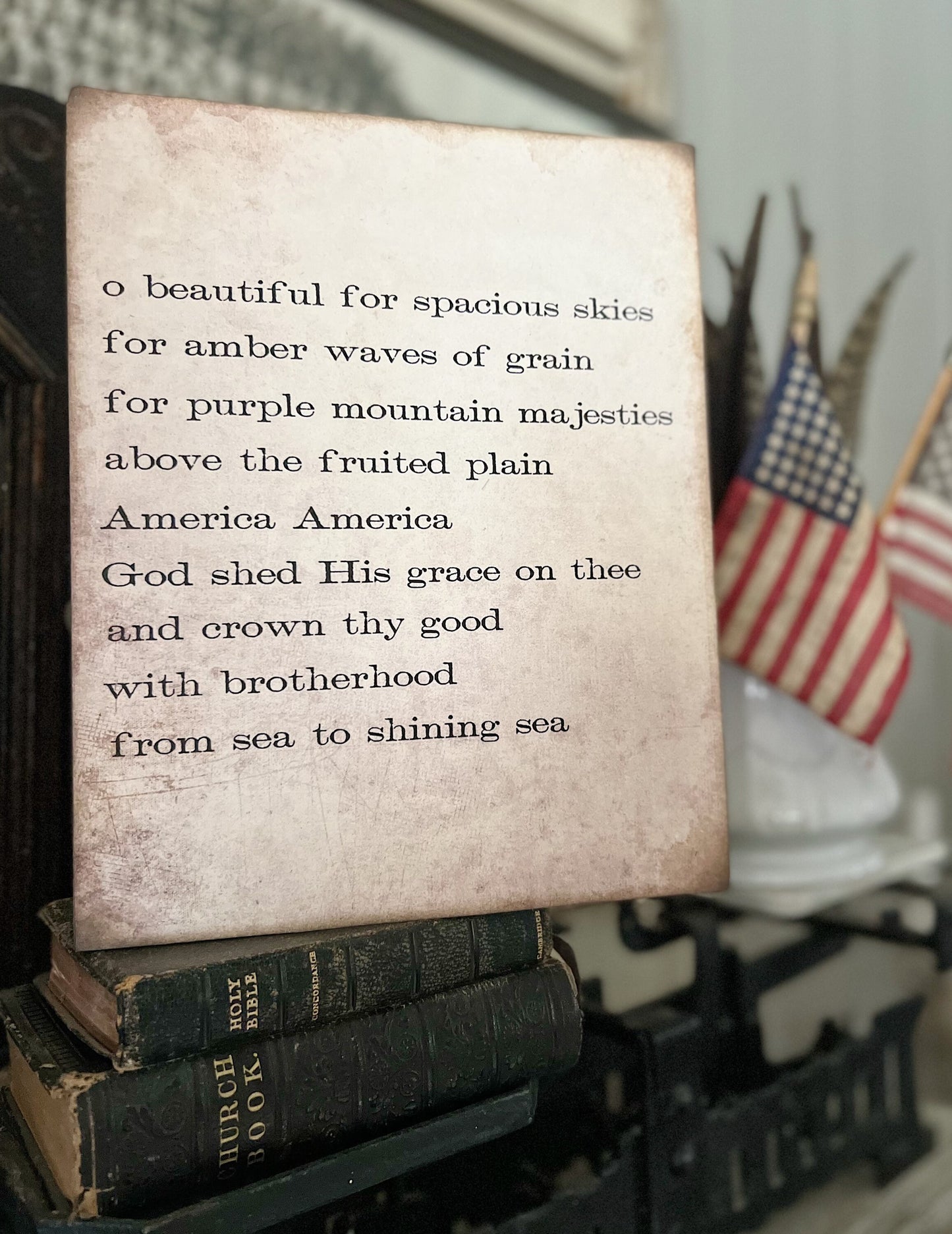 AMERICA The BEAUTIFUL Sign Americana Patriotic Decor Mounted Farmhouse Book Page Primitive Wood Sign USA Fourth July