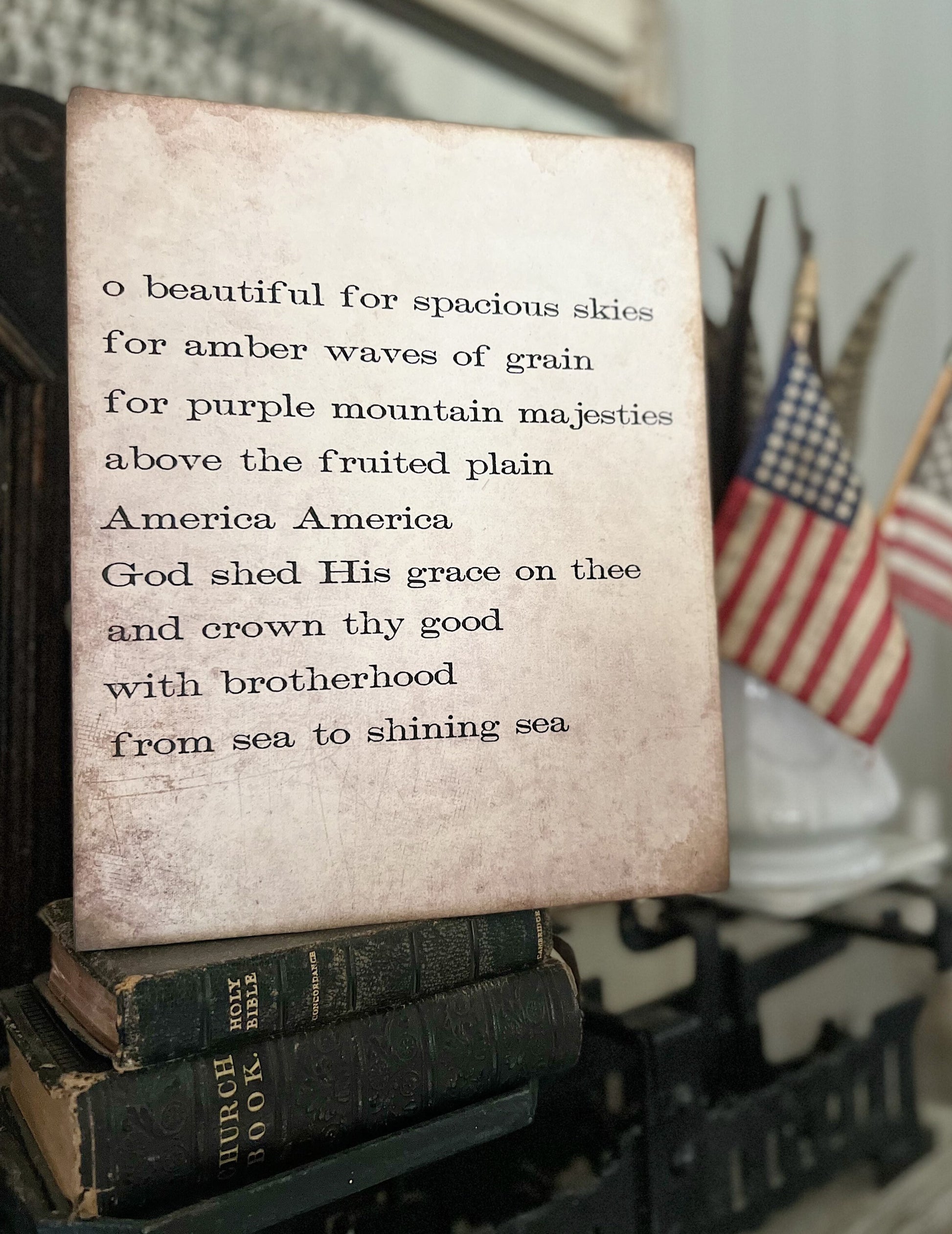 AMERICA The BEAUTIFUL Sign Americana Patriotic Decor Mounted Farmhouse Book Page Primitive Wood Sign USA Fourth July