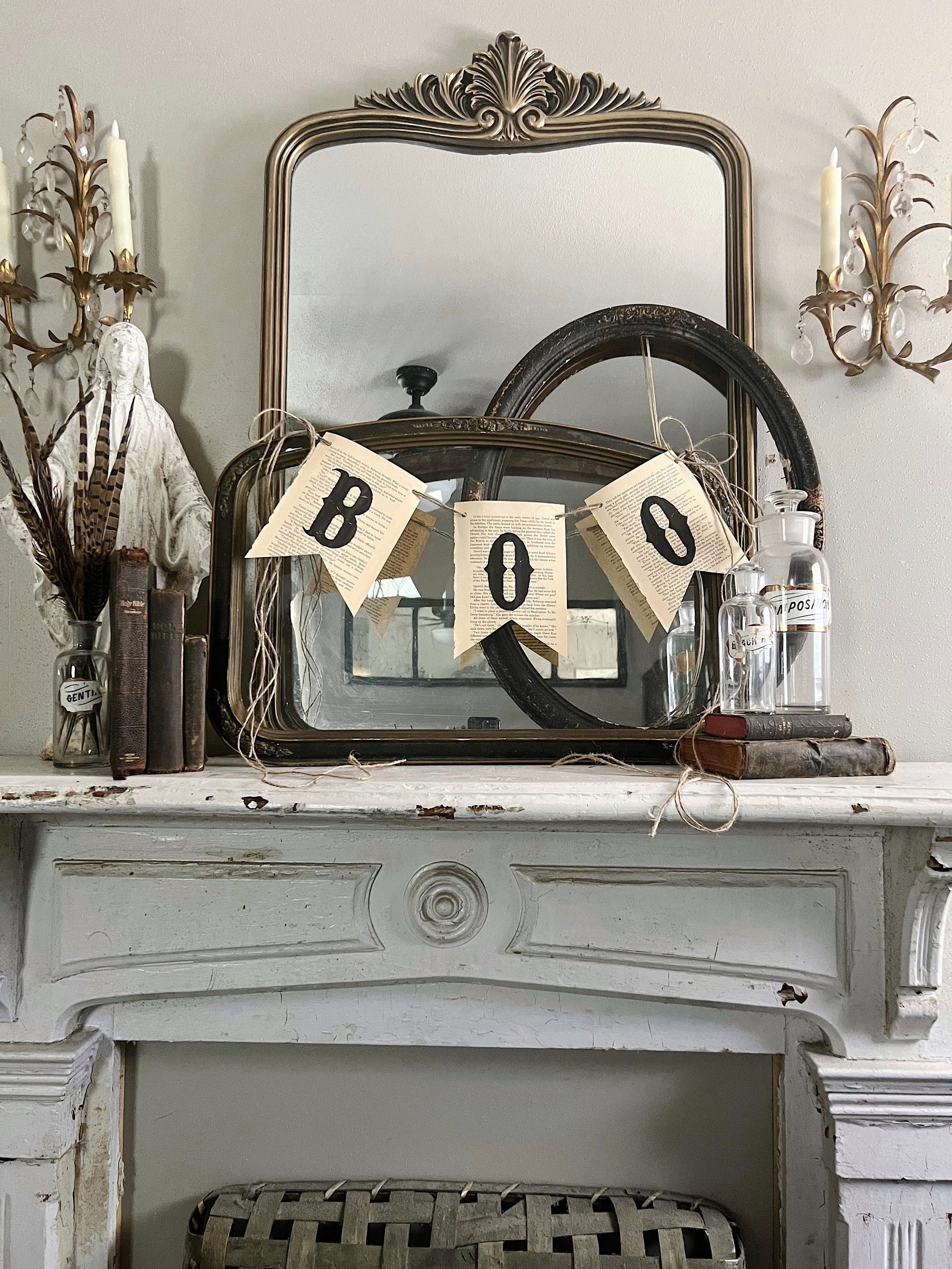 BOO Banner Vintage Book Page BANNER Bunting Pennant Sign Farmhouse Decor Garland Rustic Book Page Art Fall Halloween
