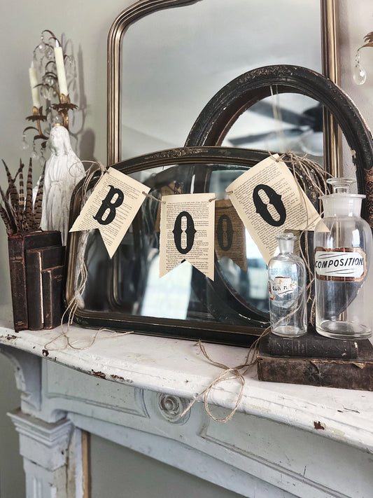 BOO Banner Vintage Book Page BANNER Bunting Pennant Sign Farmhouse Decor Garland Rustic Book Page Art Fall Halloween