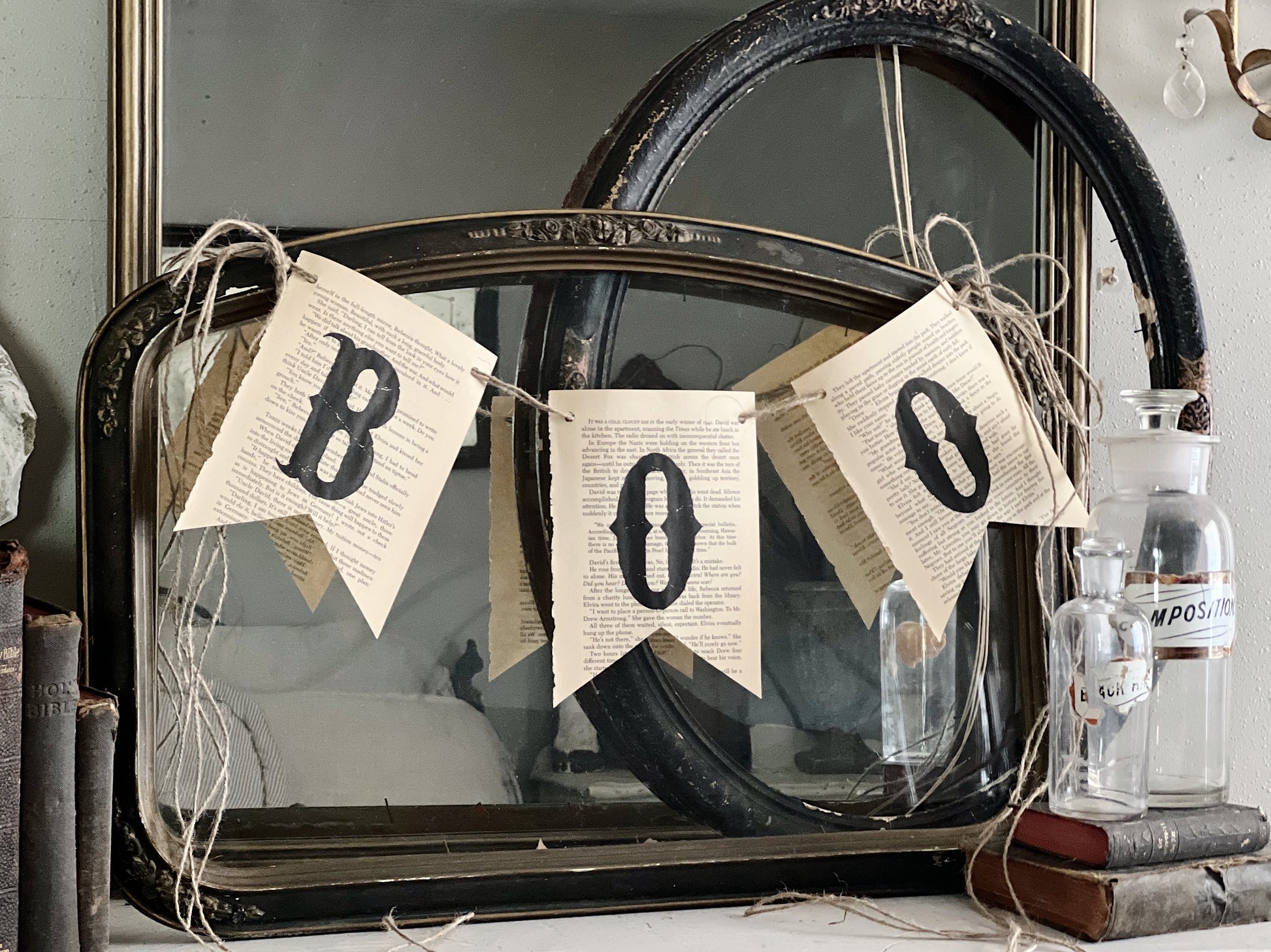 BOO Banner Vintage Book Page BANNER Bunting Pennant Sign Farmhouse Decor Garland Rustic Book Page Art Fall Halloween