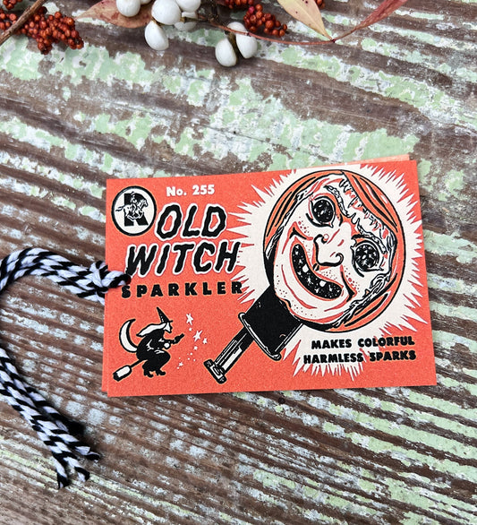 HALLOWEEN WITCH SPARKLER Retro Gift Tags Vintage Orange Farmhouse Decor Grungy Party Favor Vintage Halloween Card Fall