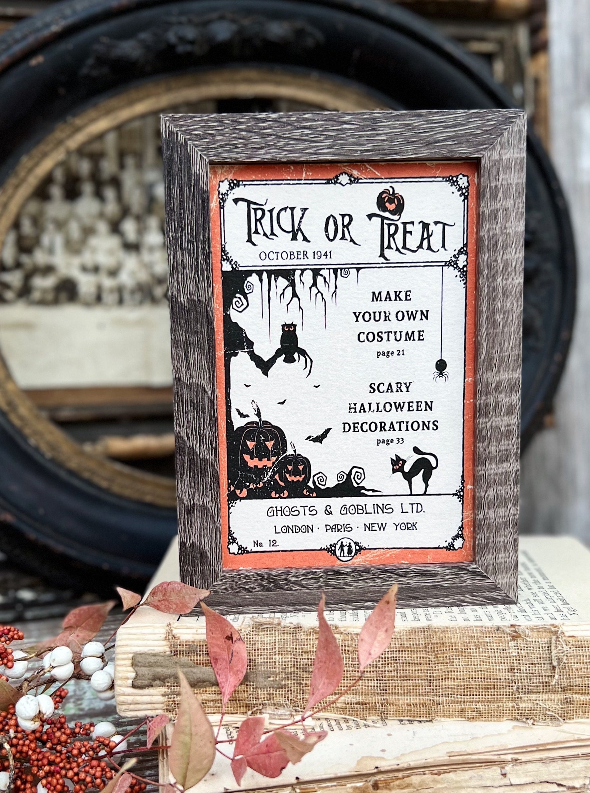 HALLOWEEN Trick or Treat COSTUME Sign Frame Farmhouse Vintage Retro Print Decor Barn Wood Rustic Primitive Framed