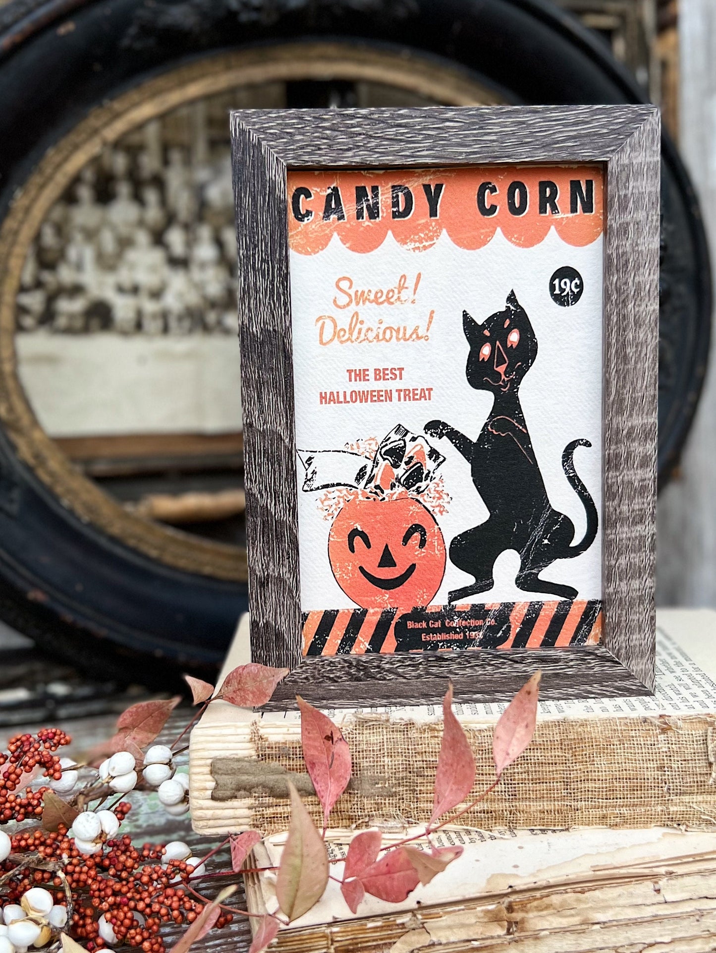 HALLOWEEN CANDY CORN Sign Black Cat Frame Farmhouse Vintage Retro Print Decor Barn Wood Rustic Primitive Framed