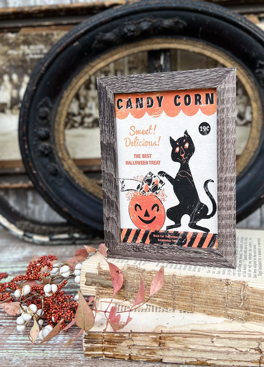 HALLOWEEN CANDY CORN Sign Black Cat Frame Farmhouse Vintage Retro Print Decor Barn Wood Rustic Primitive Framed