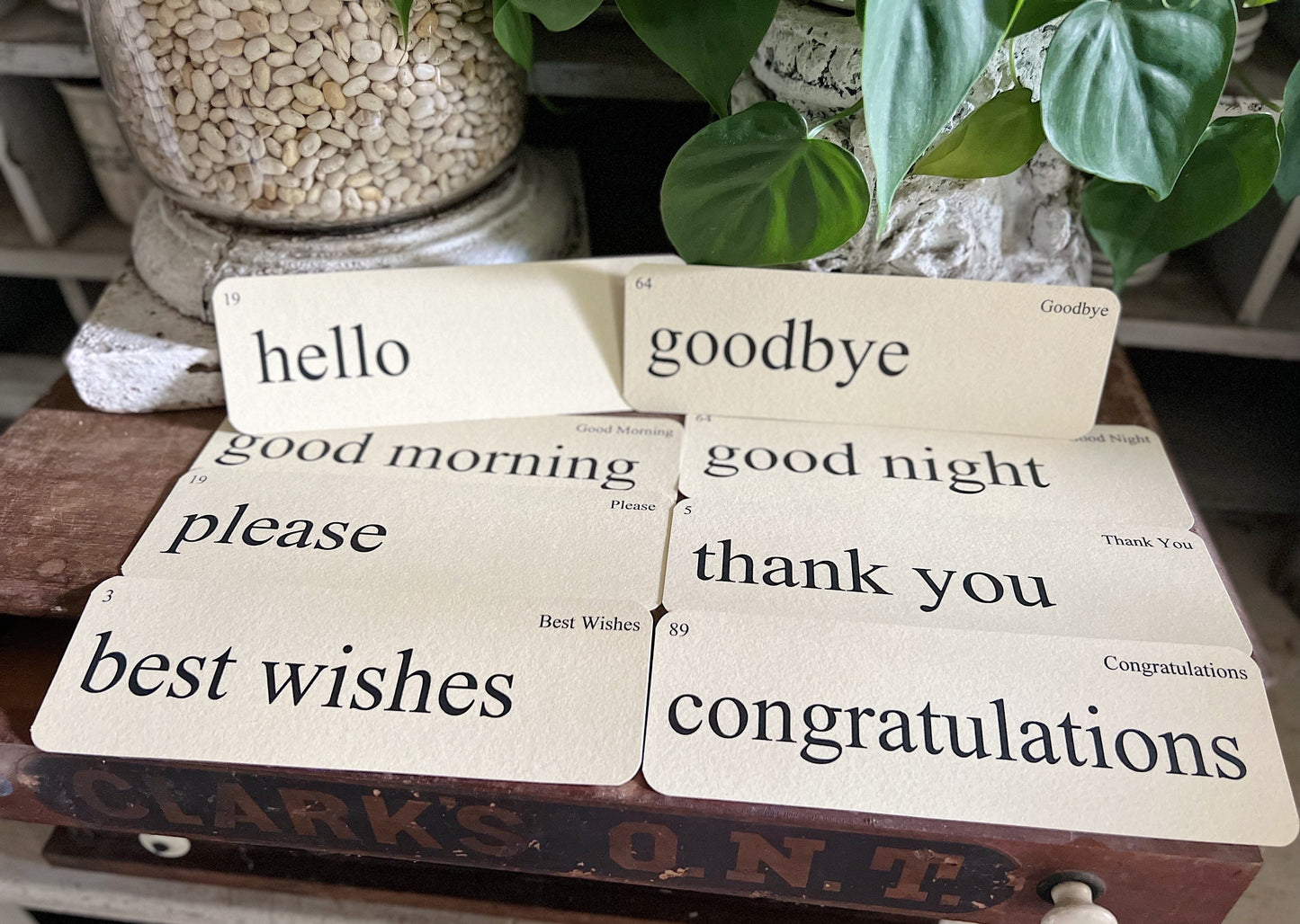 GREETINGS Flash Cards LARGE Vintage Inspired Word Flashcard SET Of 8 Farmhouse Decor Party Favor Banner