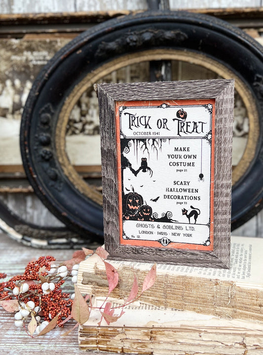 HALLOWEEN Trick or Treat COSTUME Sign Frame Farmhouse Vintage Retro Print Decor Barn Wood Rustic Primitive Framed