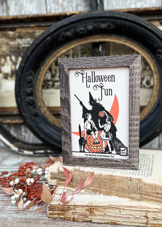 HALLOWEEN FUN Sign Frame Black Cat Pumpkin Witch Farmhouse Vintage Retro Print Decor Barn Wood Rustic Primitive Framed