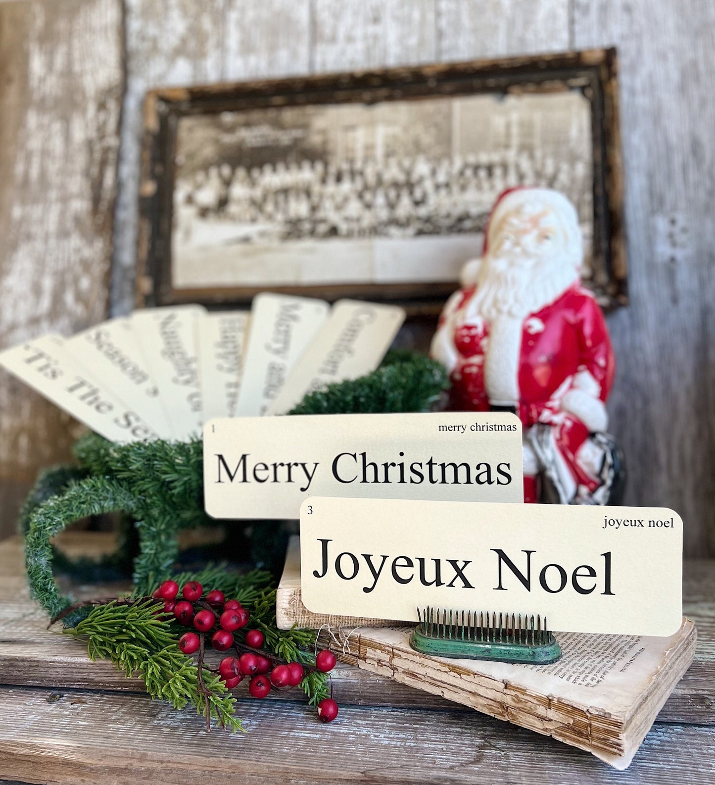 CHRISTMAS GREETINGS Flash Cards LARGE Vintage Inspired Word Flashcard Set Of 8 Farmhouse Decor Holiday Primitive Joyeux Noel Merry Bright