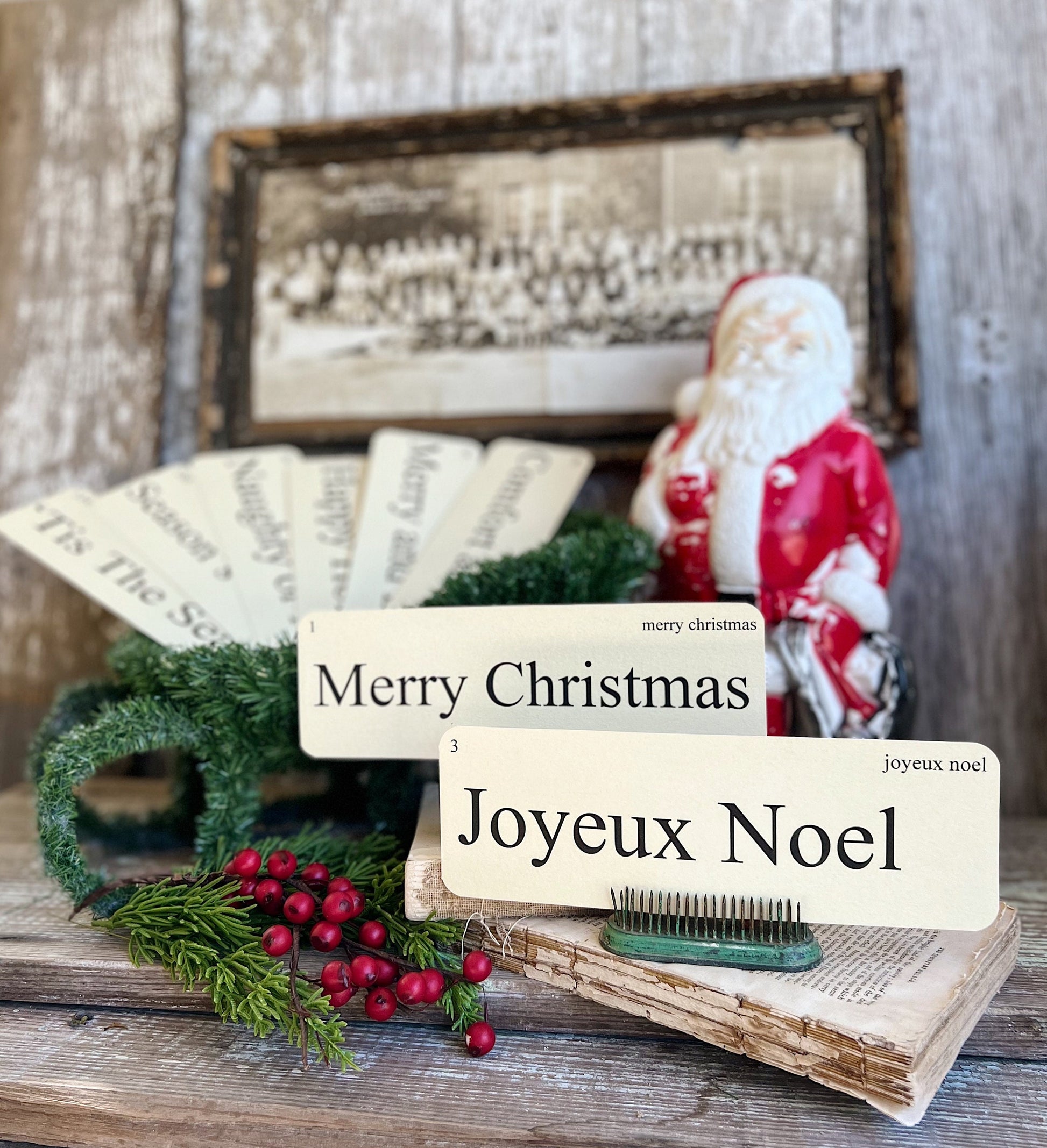 CHRISTMAS GREETINGS Flash Cards LARGE Vintage Inspired Word Flashcard Set Of 8 Farmhouse Decor Holiday Primitive Joyeux Noel Merry Bright