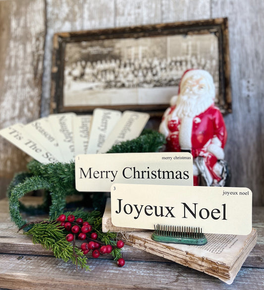 CHRISTMAS GREETINGS Flash Cards LARGE Vintage Inspired Word Flashcard Set Of 8 Farmhouse Decor Holiday Primitive Joyeux Noel Merry Bright