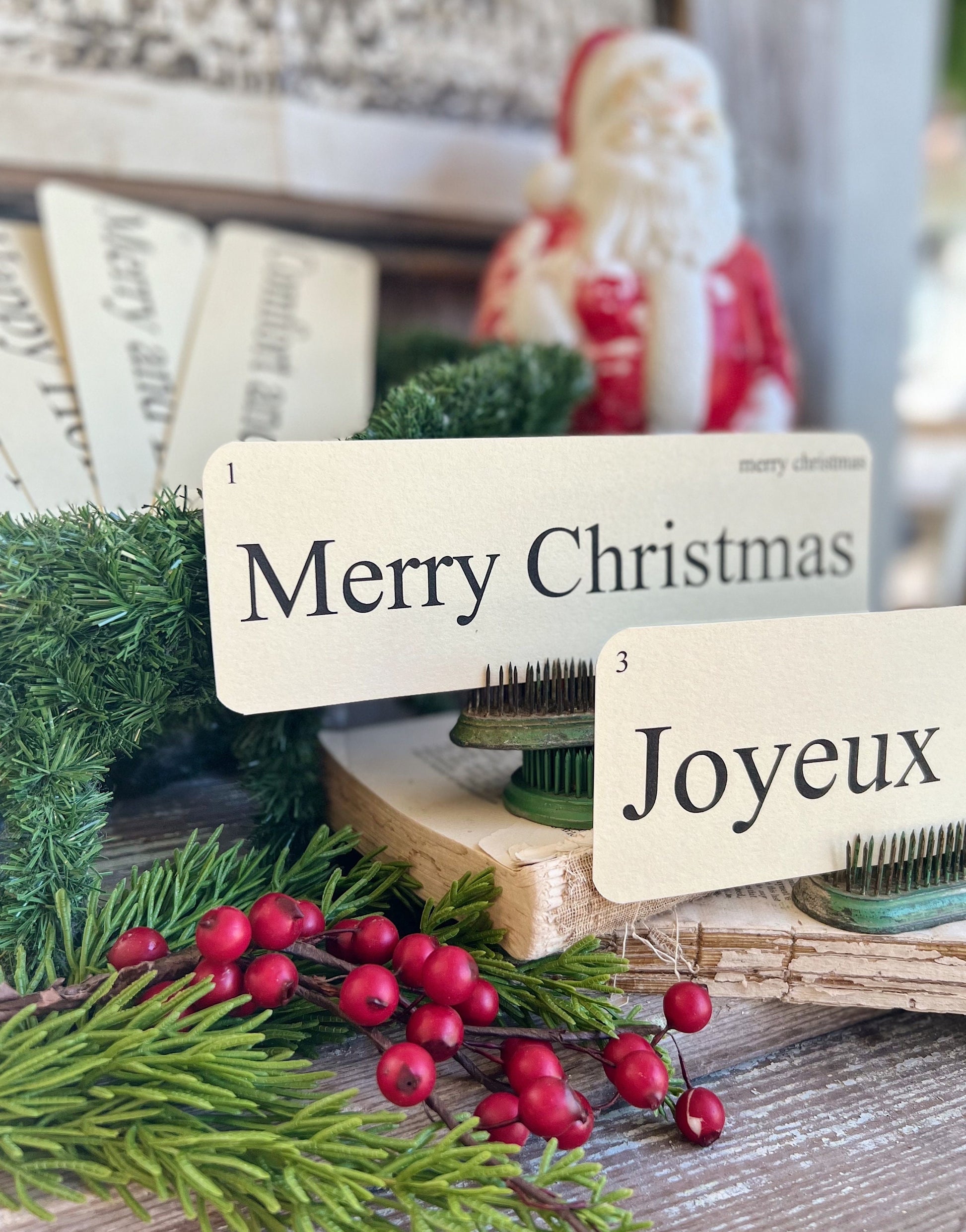 CHRISTMAS GREETINGS Flash Cards LARGE Vintage Inspired Word Flashcard Set Of 8 Farmhouse Decor Holiday Primitive Joyeux Noel Merry Bright