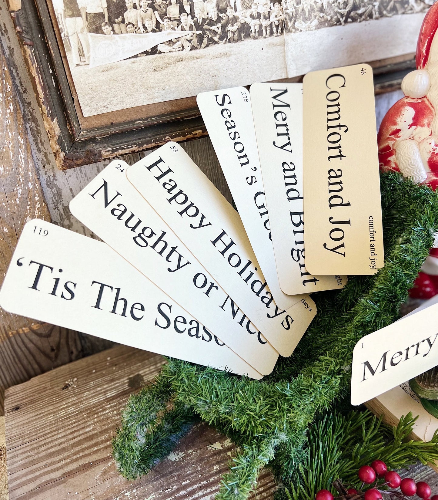 CHRISTMAS GREETINGS Flash Cards LARGE Vintage Inspired Word Flashcard Set Of 8 Farmhouse Decor Holiday Primitive Joyeux Noel Merry Bright