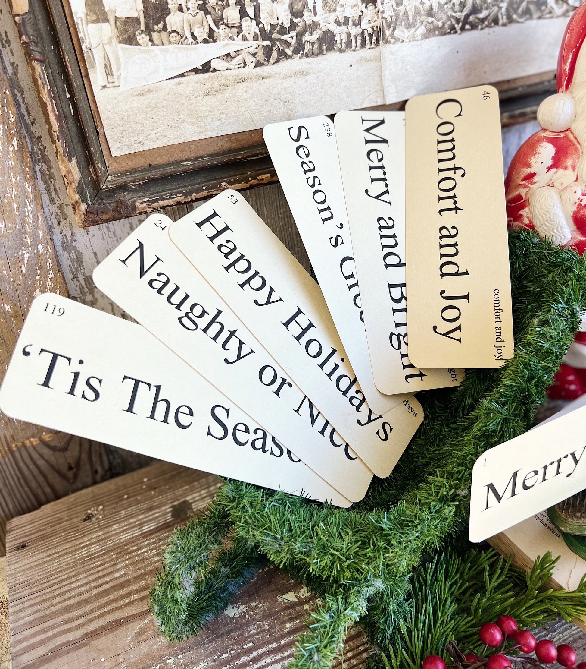 CHRISTMAS GREETINGS Flash Cards LARGE Vintage Inspired Word Flashcard Set Of 8 Farmhouse Decor Holiday Primitive Joyeux Noel Merry Bright