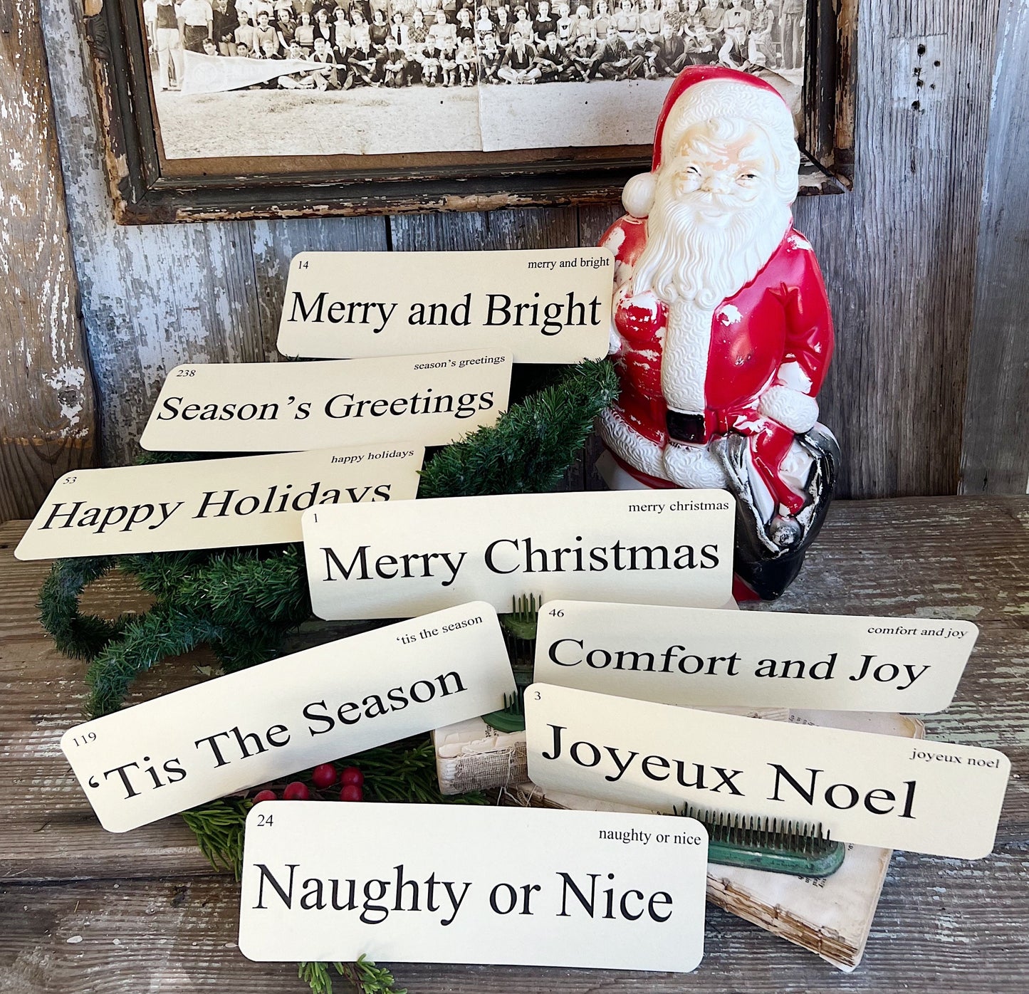 CHRISTMAS GREETINGS Flash Cards LARGE Vintage Inspired Word Flashcard Set Of 8 Farmhouse Decor Holiday Primitive Joyeux Noel Merry Bright