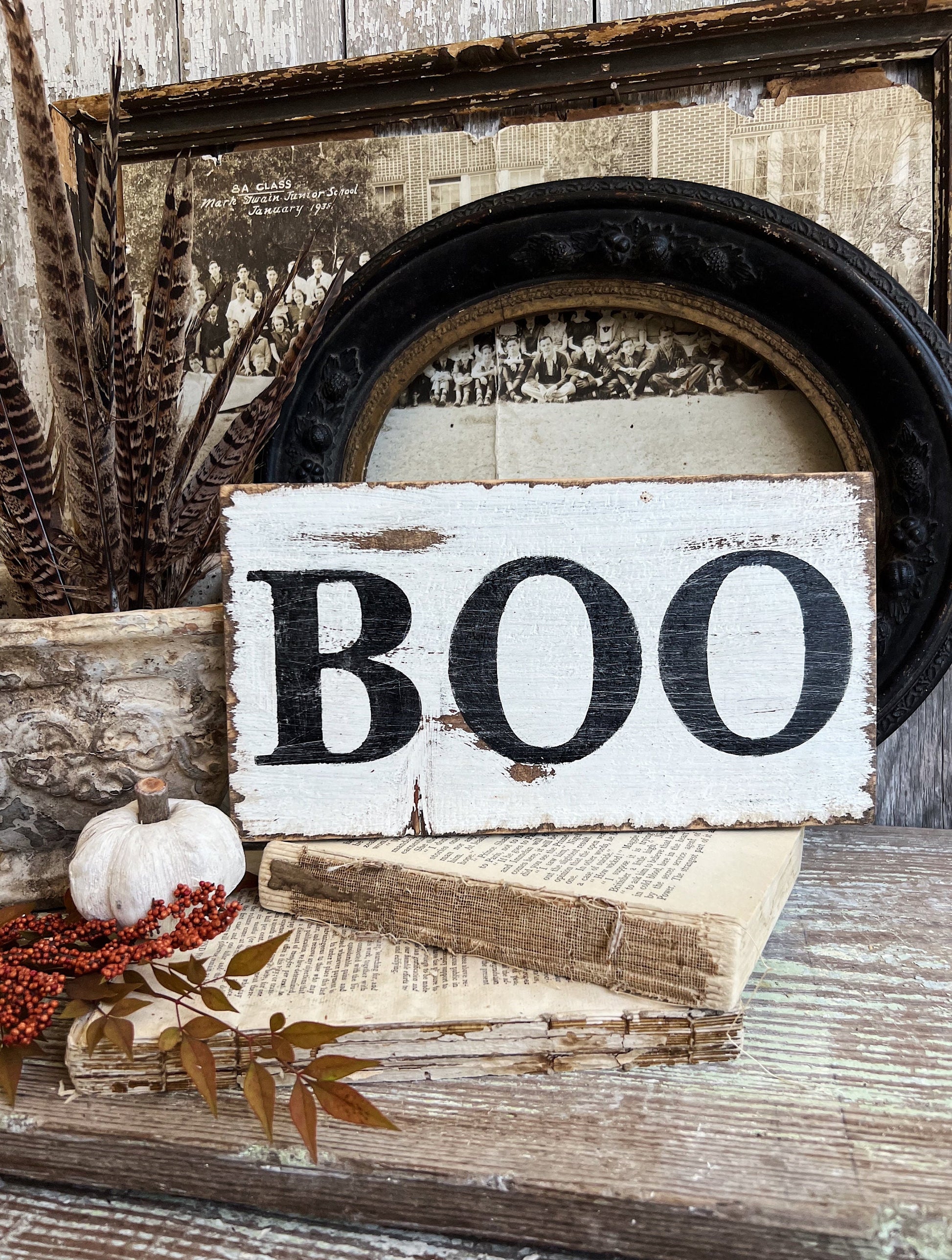 Halloween BOO Sign Vintage Salvage Barn Wood Reclaimed White Chippy Paint Farmhouse Decor Architectural Sign