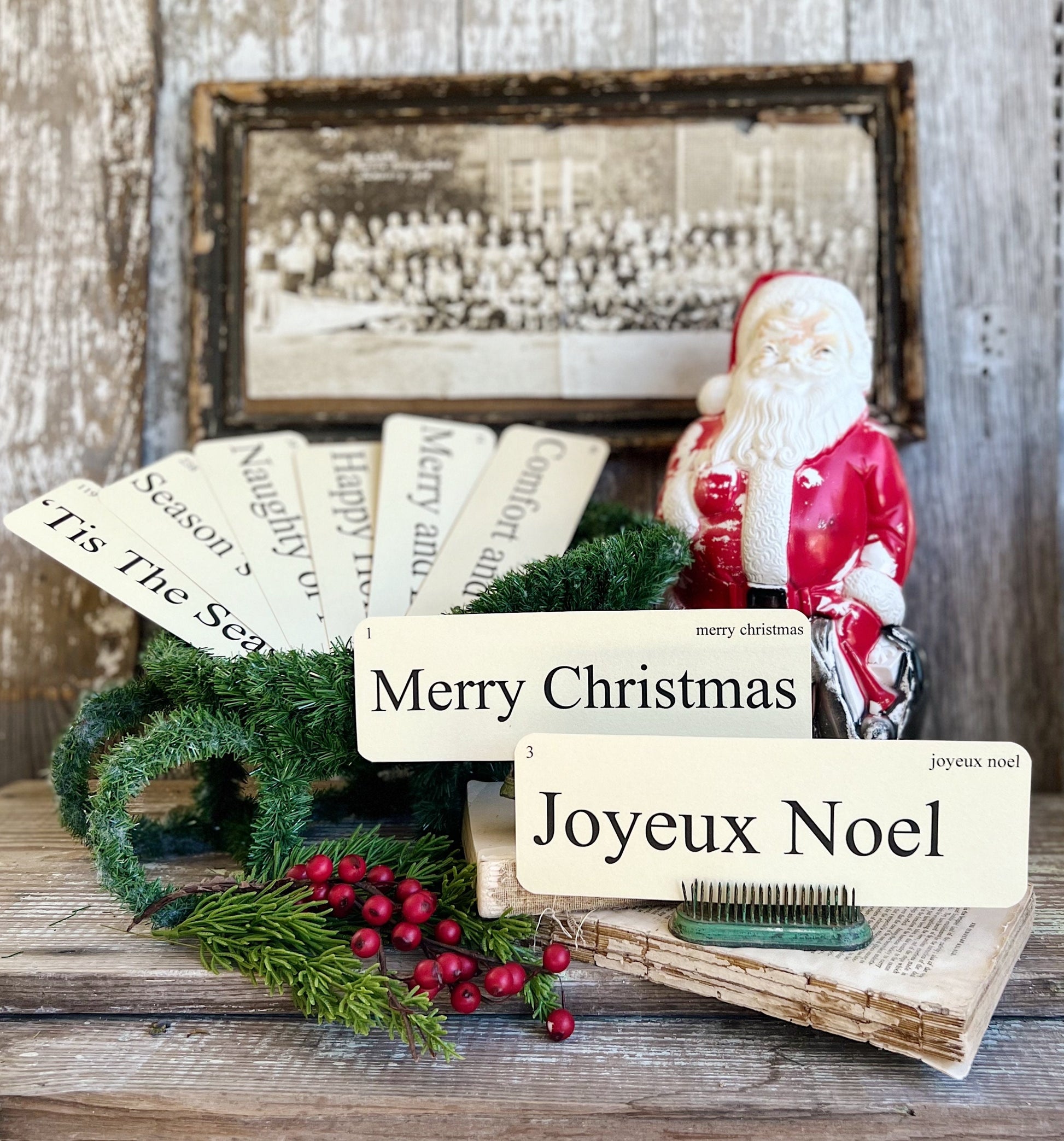 CHRISTMAS GREETINGS Flash Cards LARGE Vintage Inspired Word Flashcard Set Of 8 Farmhouse Decor Holiday Primitive Joyeux Noel Merry Bright