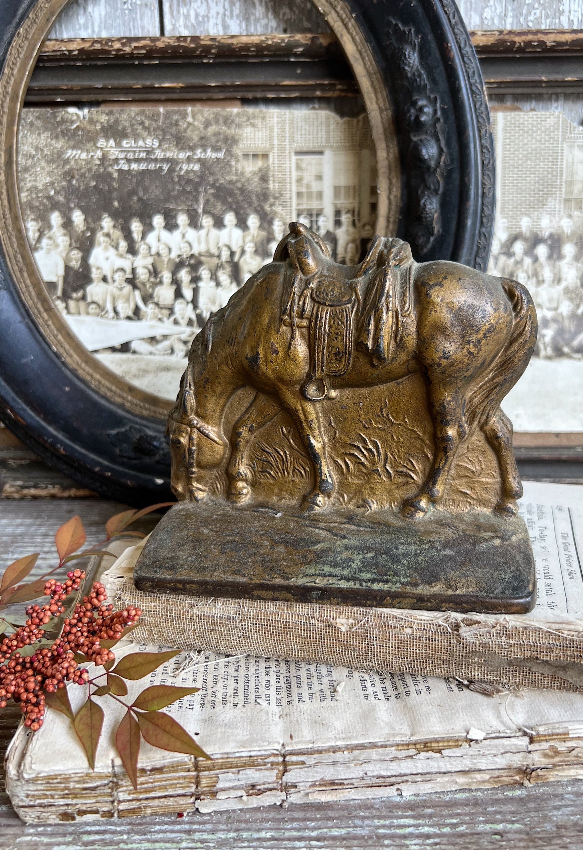 Vintage Bookend Cast Iron Metal HORSE Book End WESTERN Farmhouse Decor