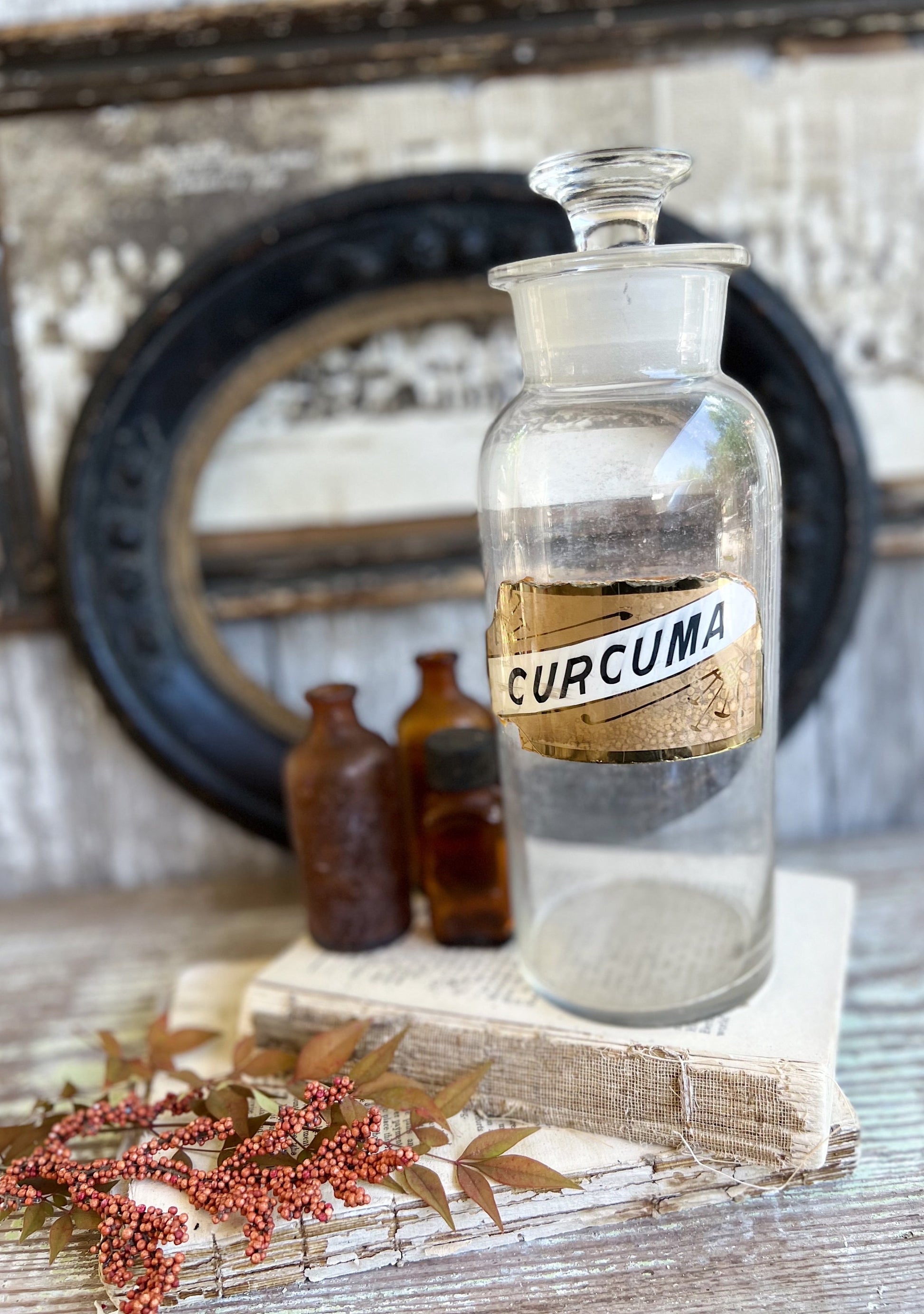Antique Glass Apothecary Bottle with Painted Label Under Glass Pharmacy Farmhouse Industrial Decor Industrial MEDICAL Salvage CURCUMA