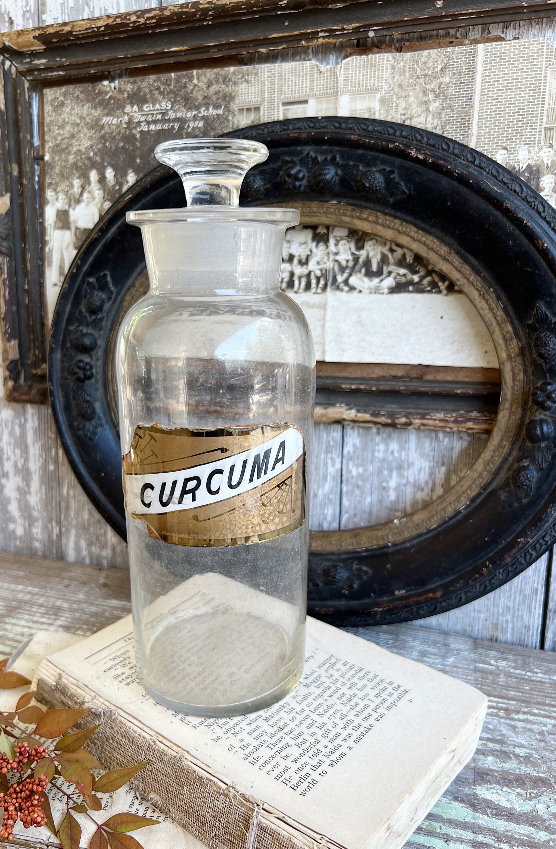 Antique Glass Apothecary Bottle with Painted Label Under Glass Pharmacy Farmhouse Industrial Decor Industrial MEDICAL Salvage CURCUMA
